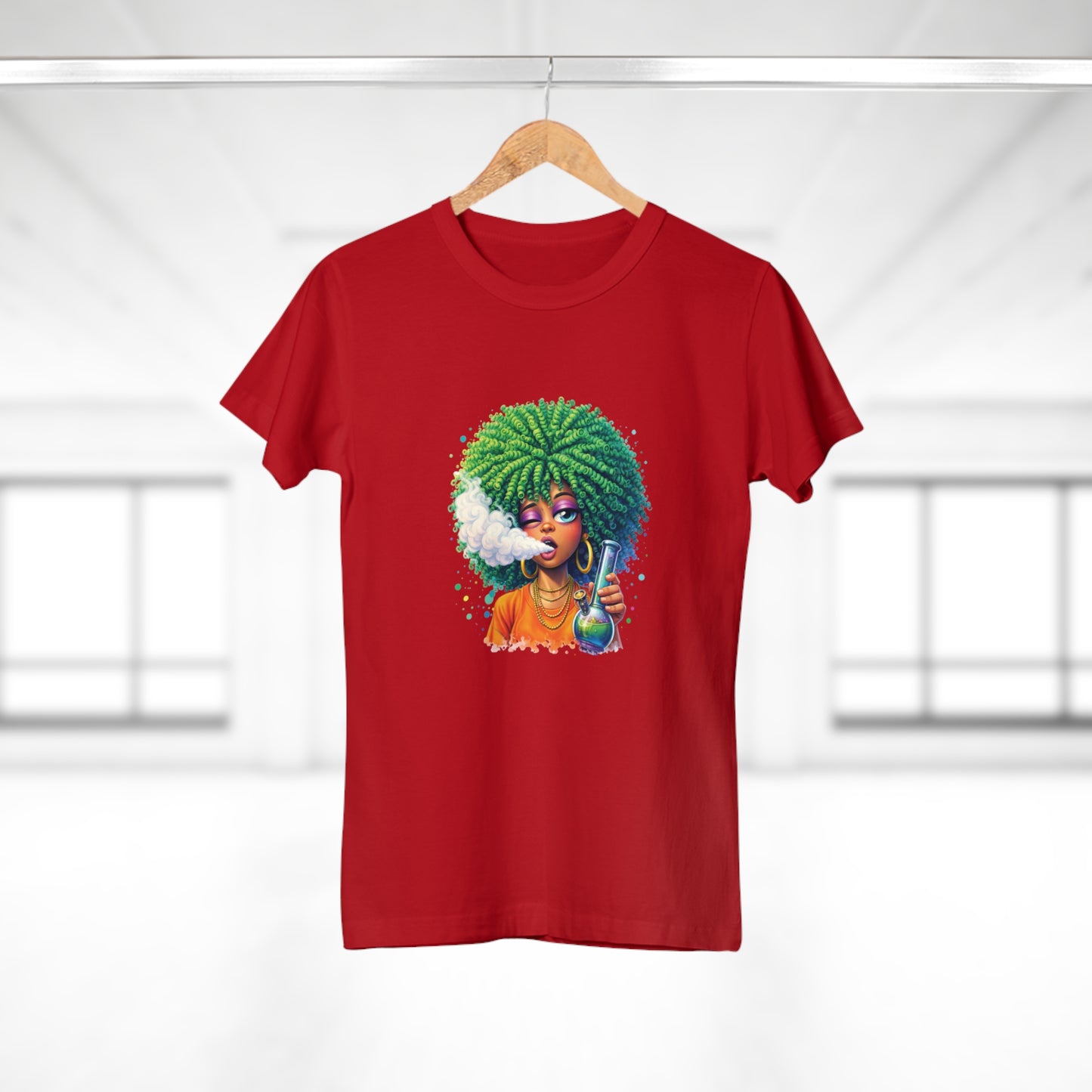 Women’s Graphic T‑Shirt — Afro Puff Girl Vaping Art
