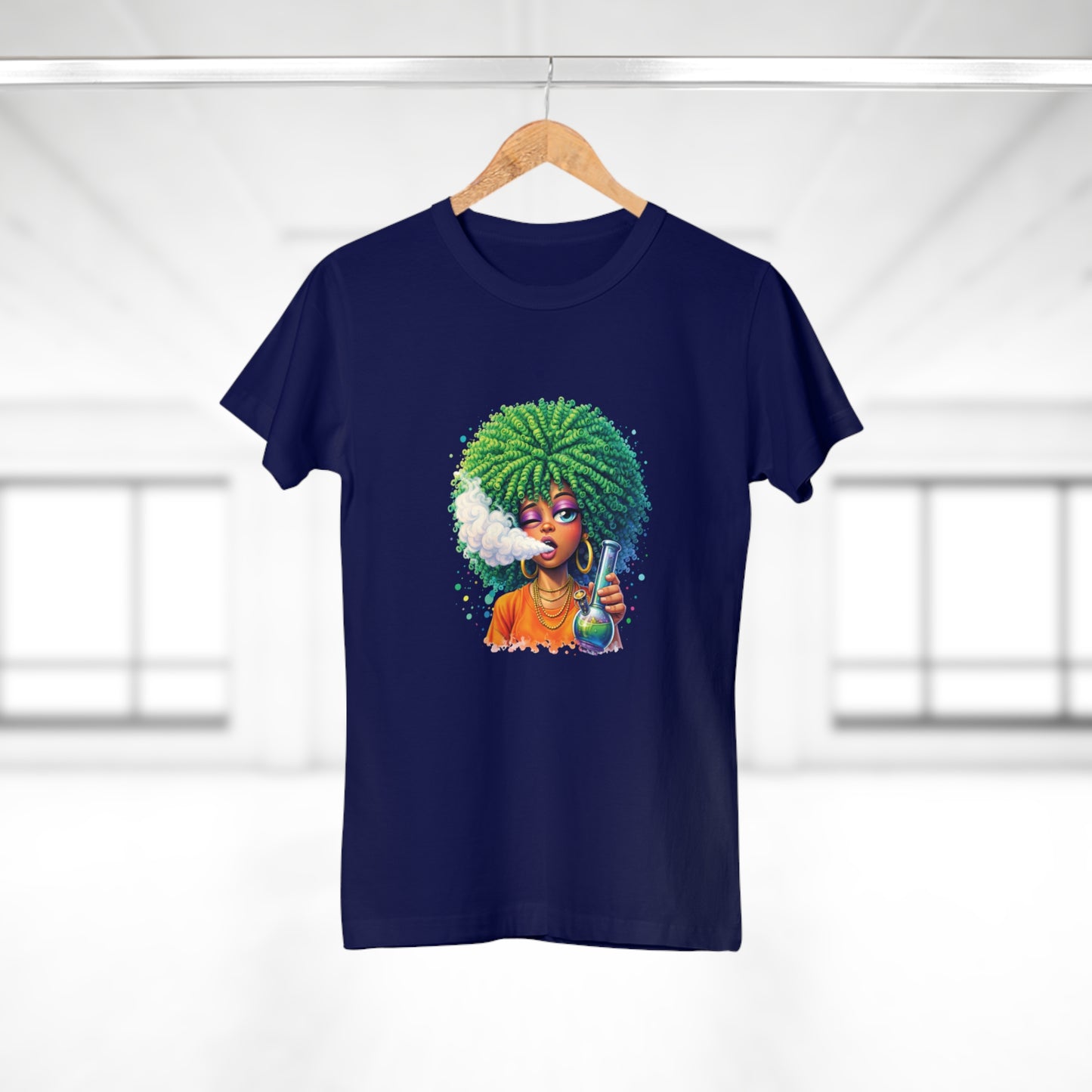 Women’s Graphic T‑Shirt — Afro Puff Girl Vaping Art