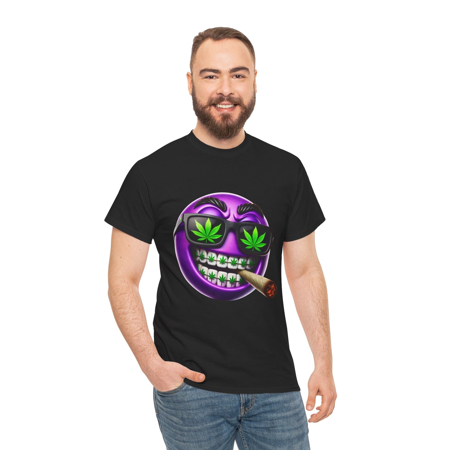 420 Smiley T-Shirt — Purple Grinning Emoticon with Weed Sunglasses & Joint