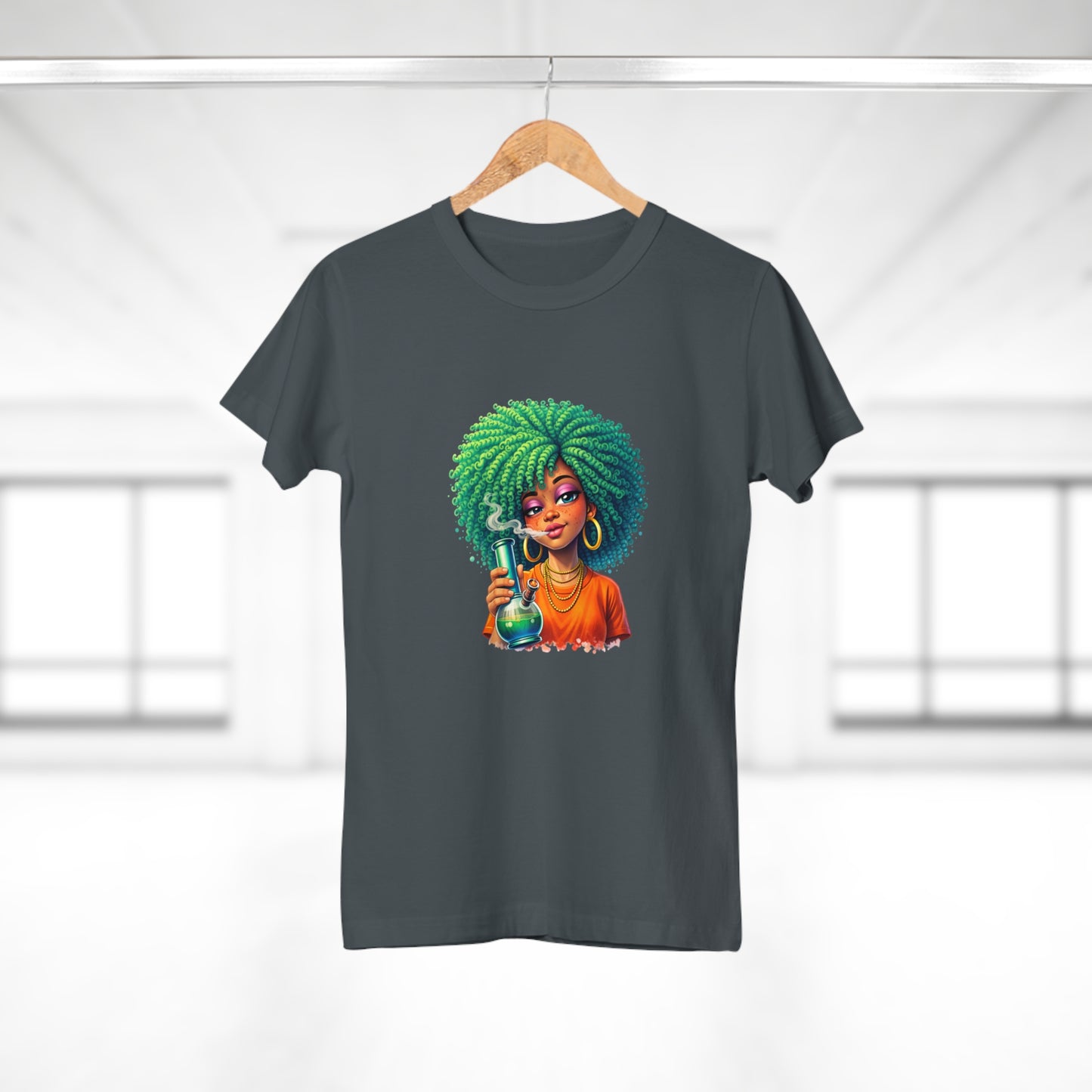 Afro Green Hair Scientist T‑Shirt — Cute Black Girl Chemist Graphic Tee