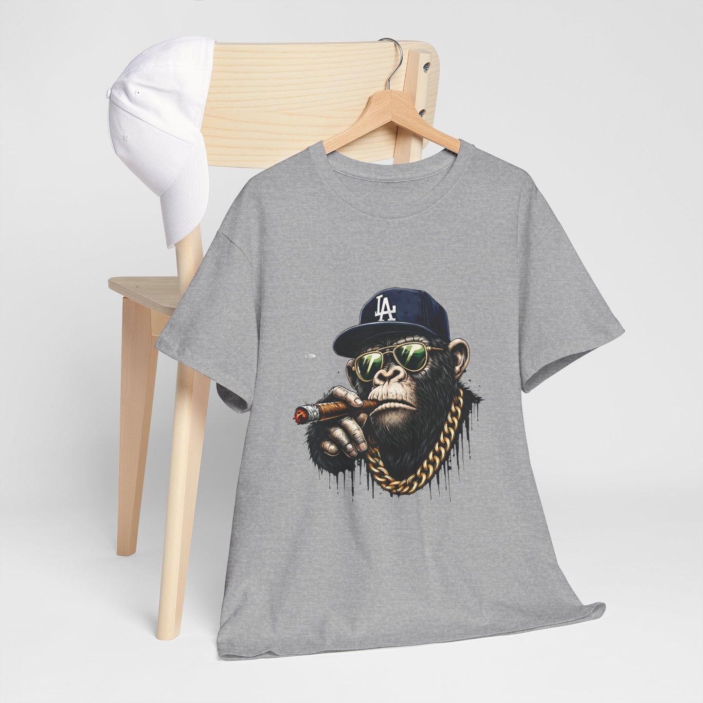 Cigar-Chomping Hip Hop Monkey T-Shirt — LA Cap & Gold Chain Streetwear