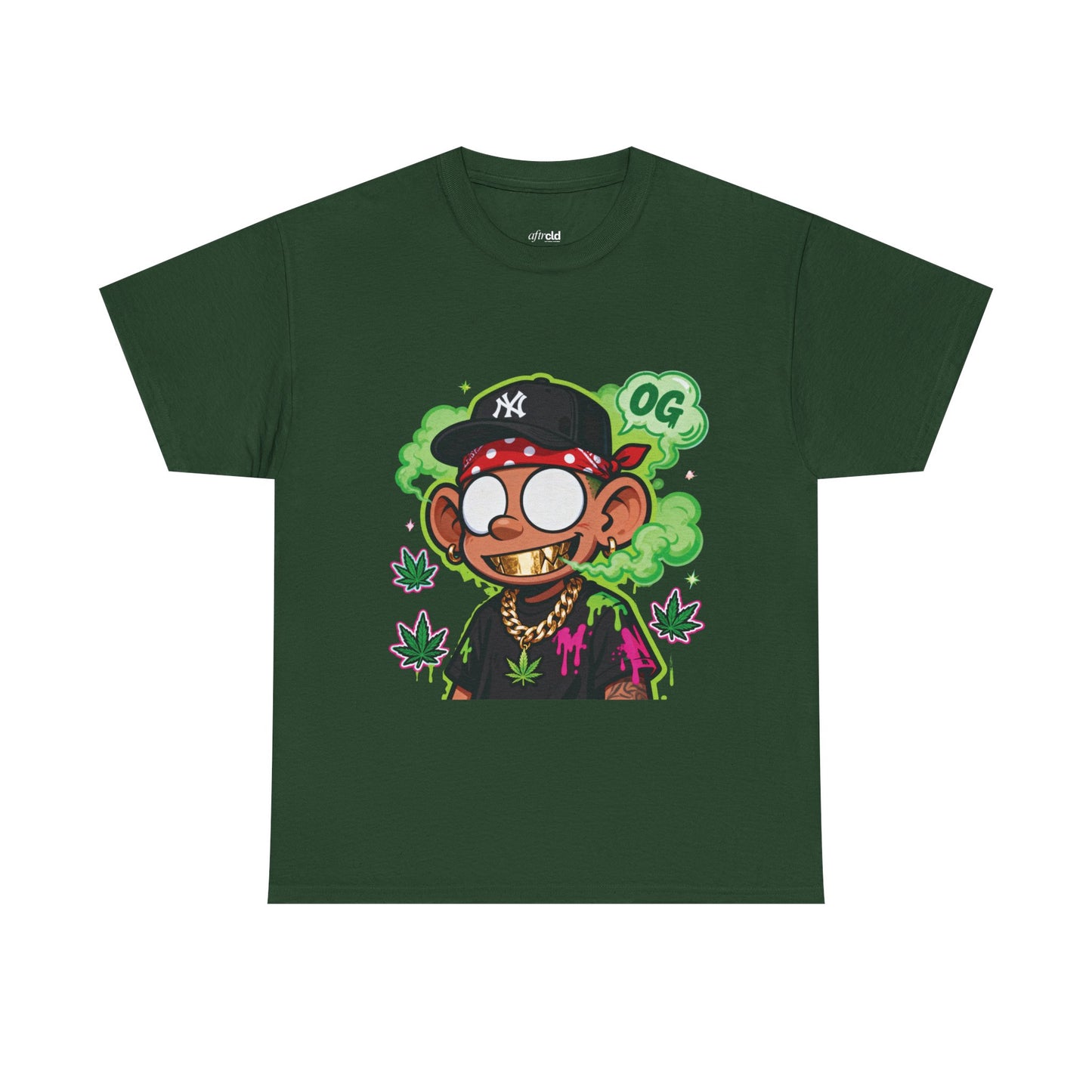 T-Shirt — OG Cartoon Stoner Graphic Tee (Green Smoke & Leaf Design)