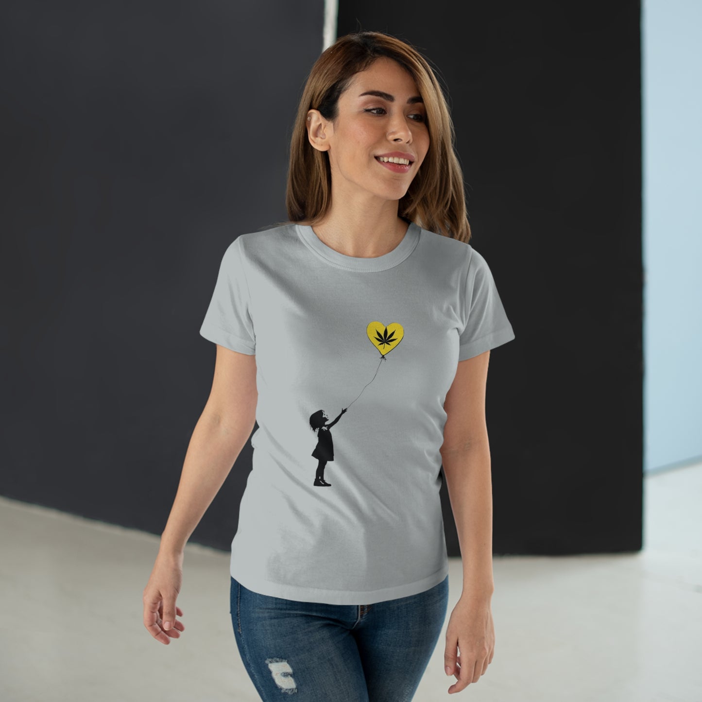 Women’s T-Shirt — Girl with Heart Balloon Weed Leaf Graphic