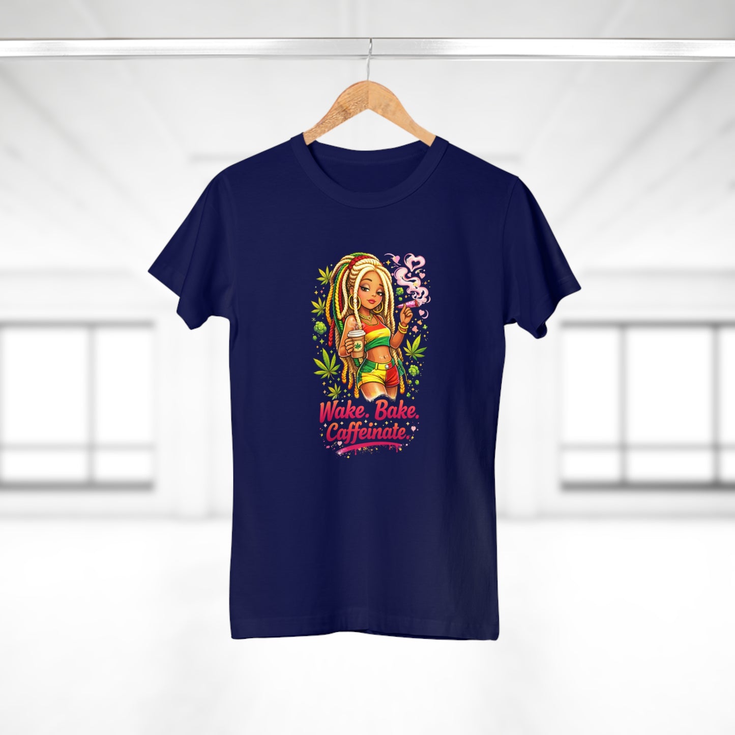 Wake, Bake, Caffeinate T-Shirt — Rasta Girl Coffee & Weed Graphic Tee