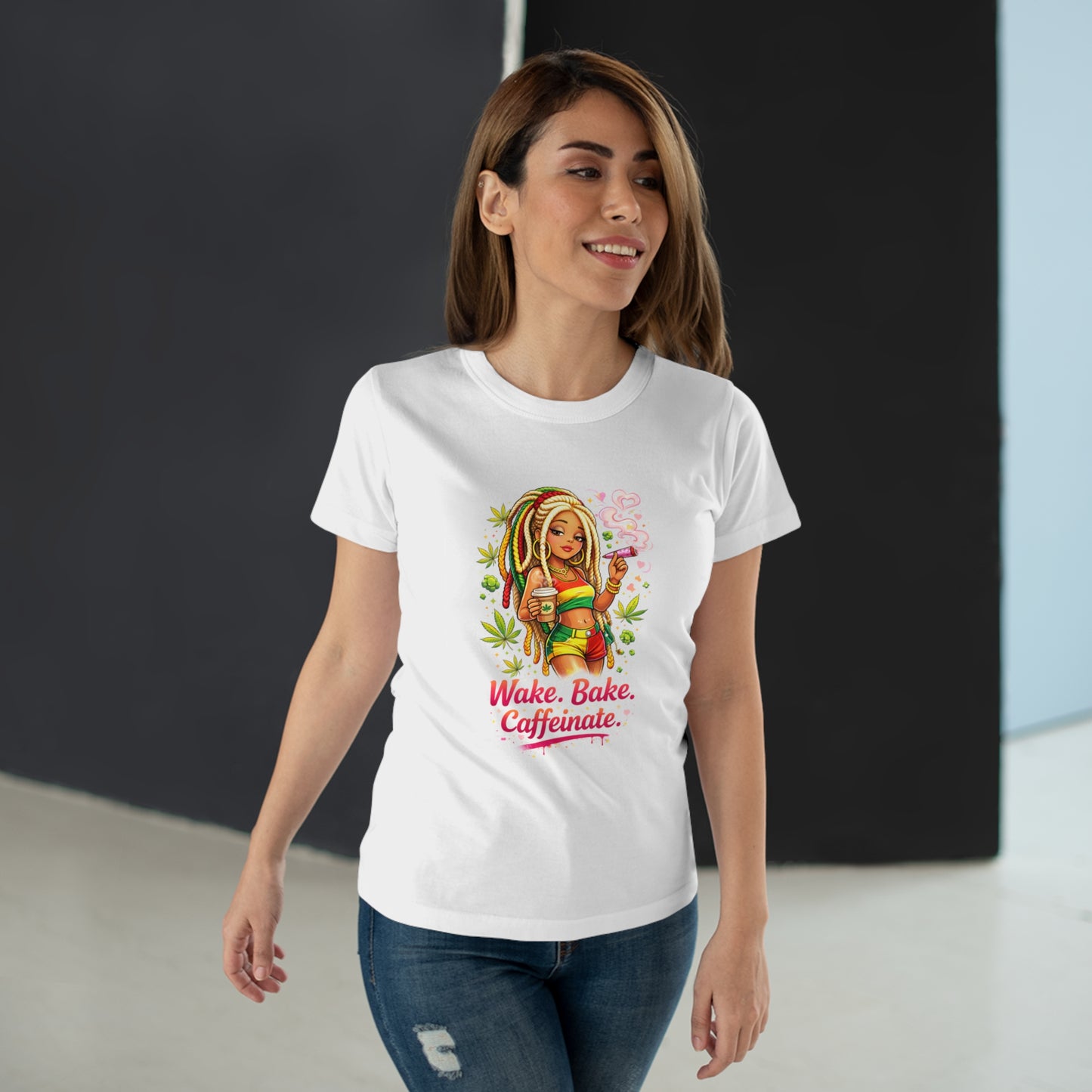 Wake, Bake, Caffeinate T-Shirt — Rasta Girl Coffee & Weed Graphic Tee