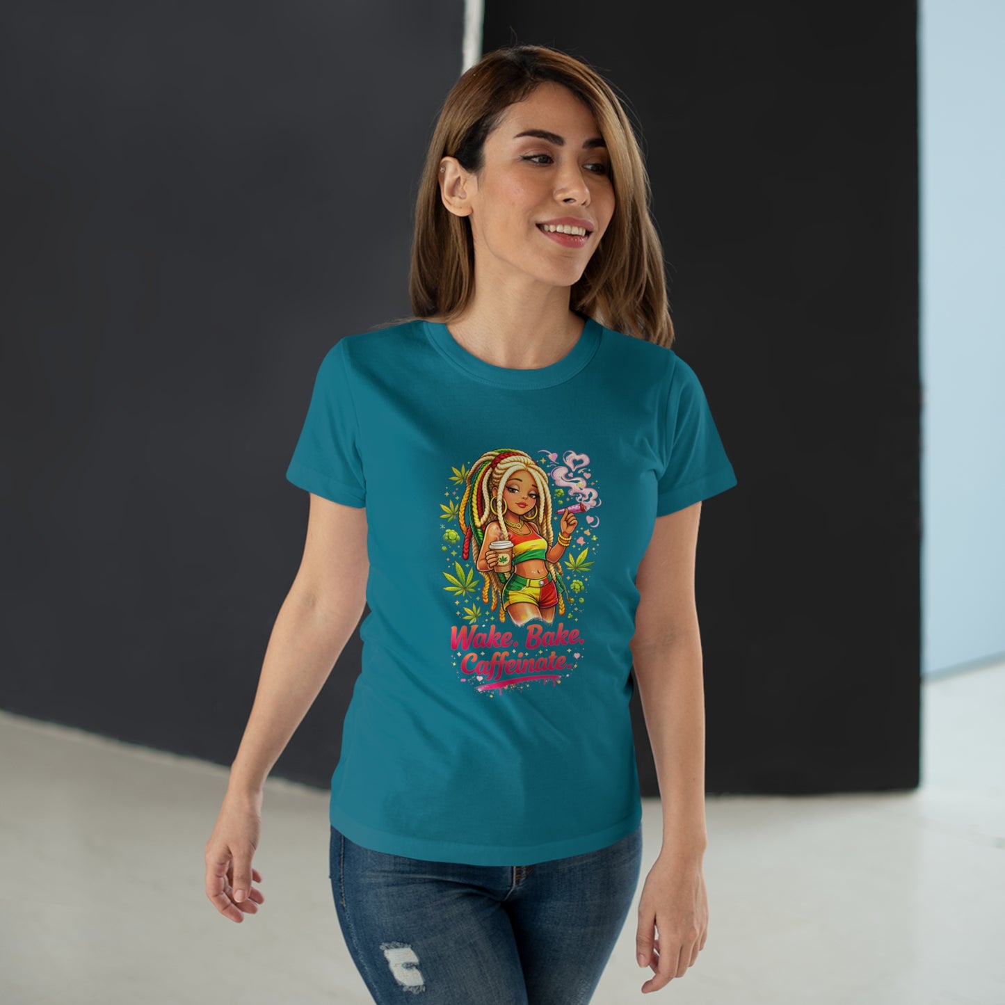 Wake, Bake, Caffeinate T-Shirt — Rasta Girl Coffee & Weed Graphic Tee