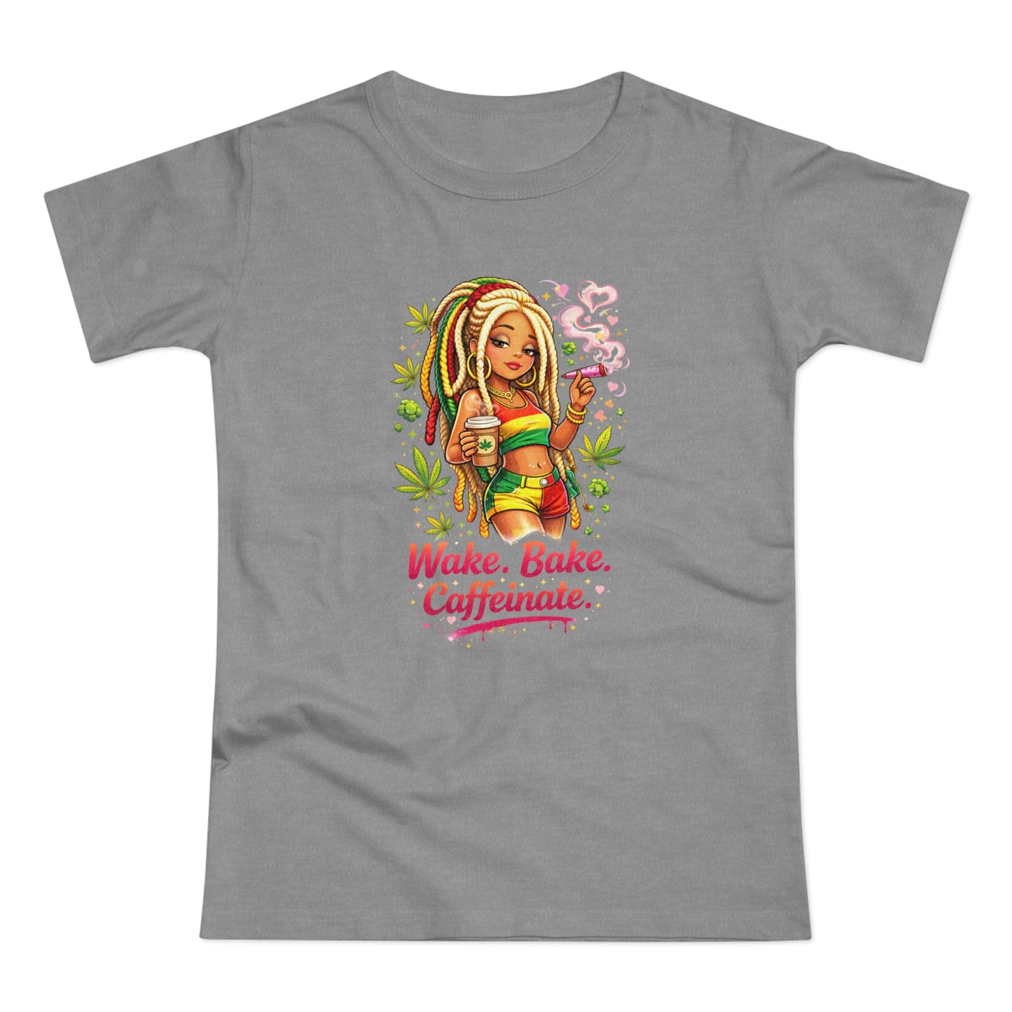 Wake, Bake, Caffeinate T-Shirt — Rasta Girl Coffee & Weed Graphic Tee