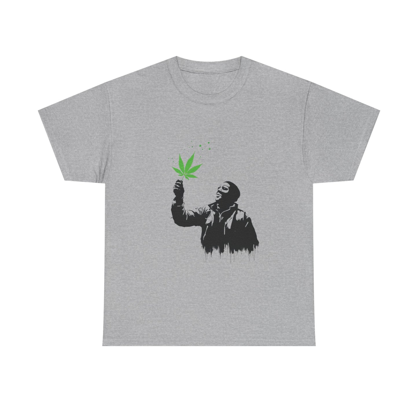 Weed Leaf Stencil Tee — Man Holding Green 420 Graphic T-Shirt