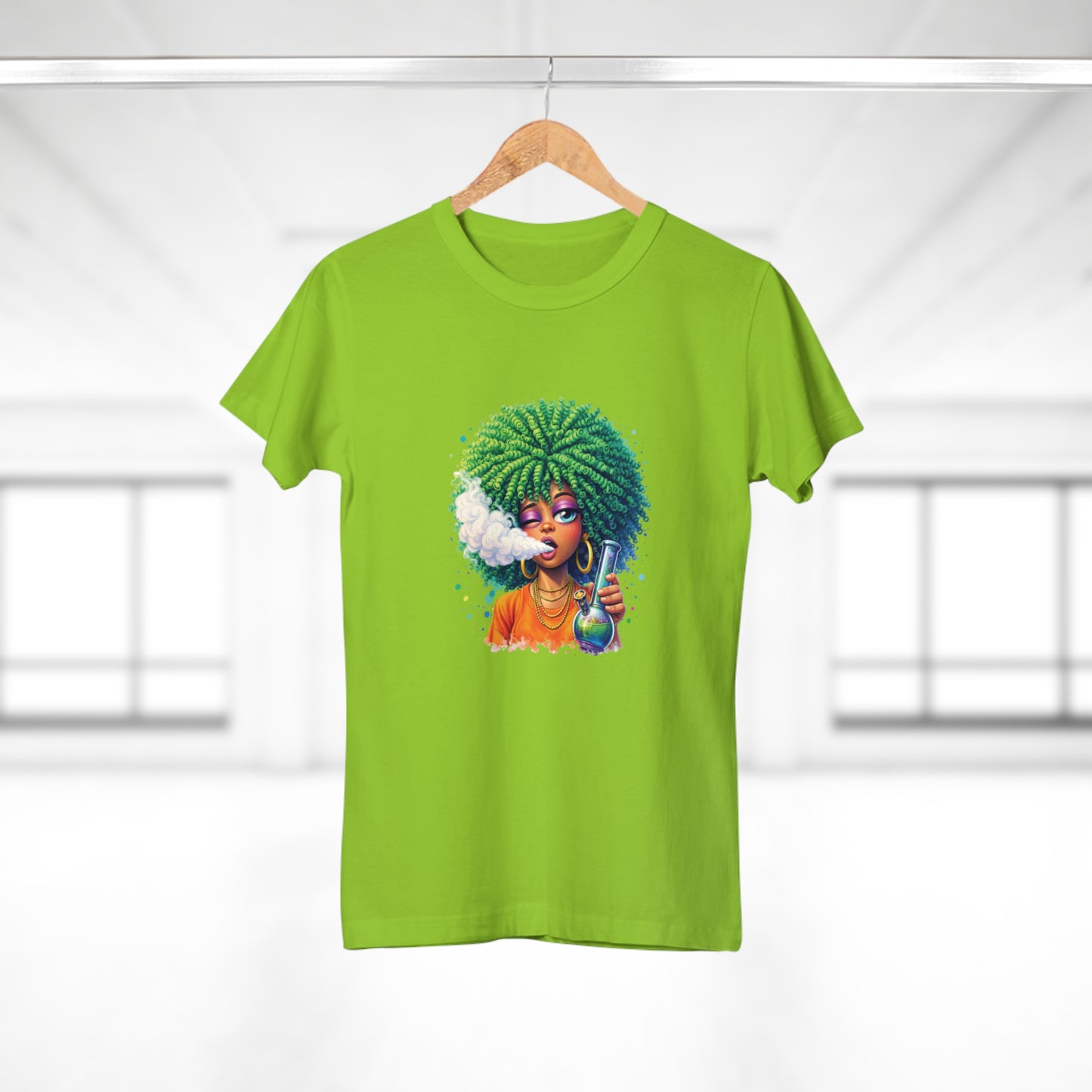 Women’s Graphic T‑Shirt — Afro Puff Girl Vaping Art