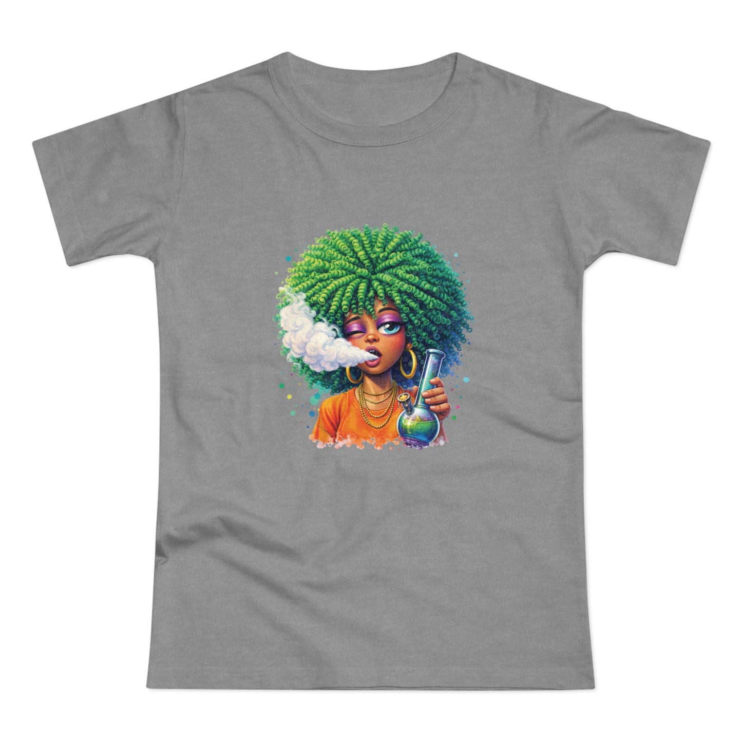 Women’s Graphic T‑Shirt — Afro Puff Girl Vaping Art
