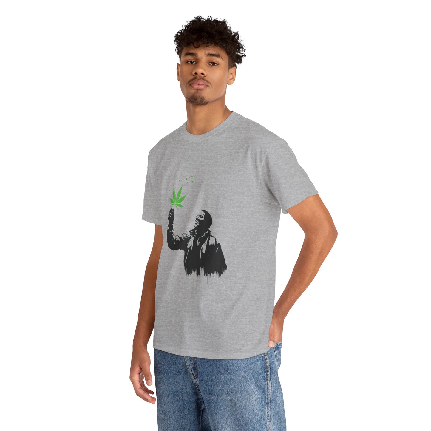 Weed Leaf Stencil Tee — Man Holding Green 420 Graphic T-Shirt