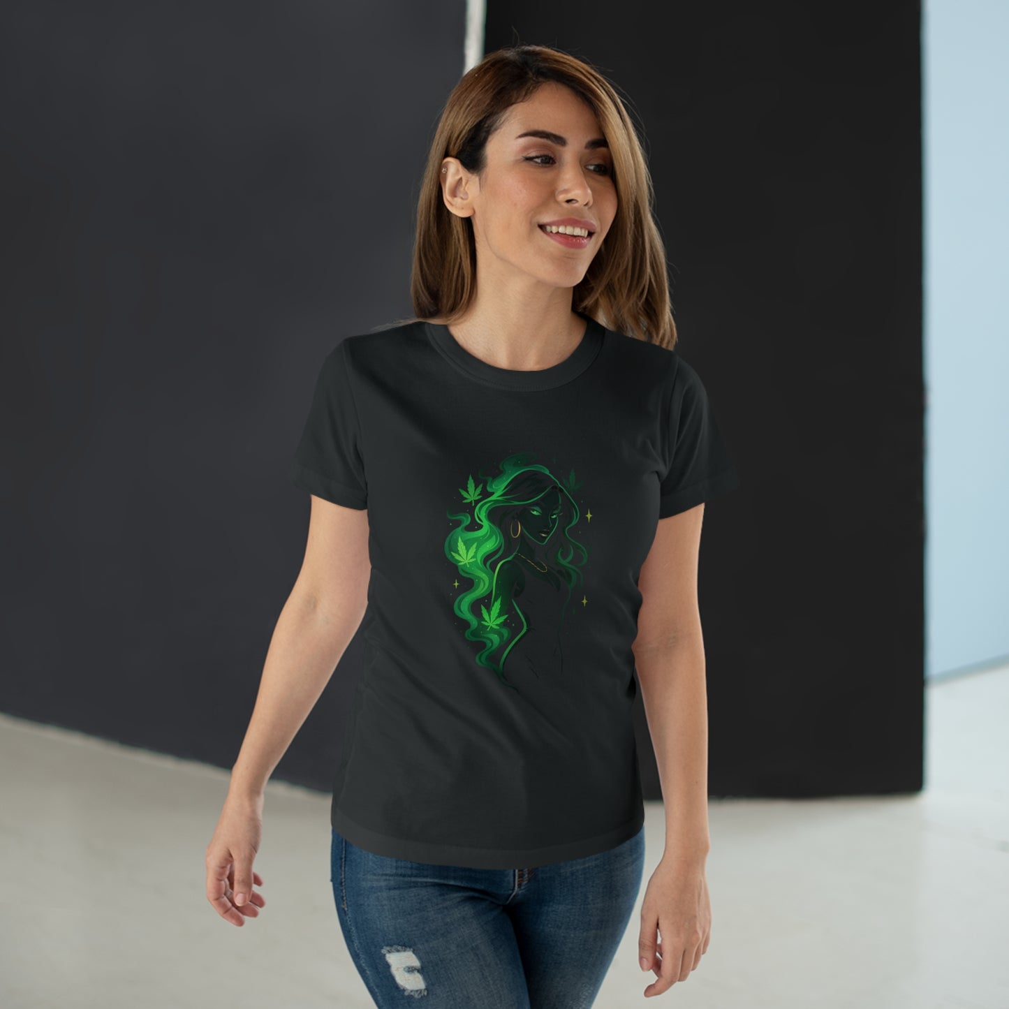 Green Spirit Goddess Women's T-Shirt — Ethereal Floral Silhouette Tee for Nature Lovers