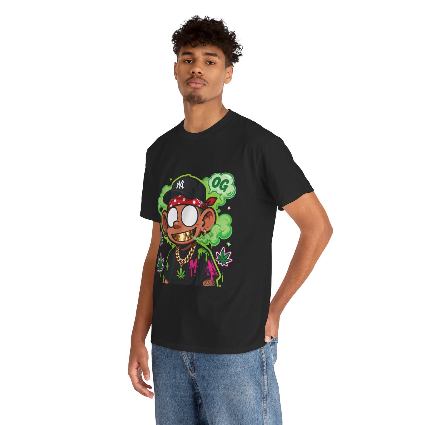 T-Shirt — OG Cartoon Stoner Graphic Tee (Green Smoke & Leaf Design)