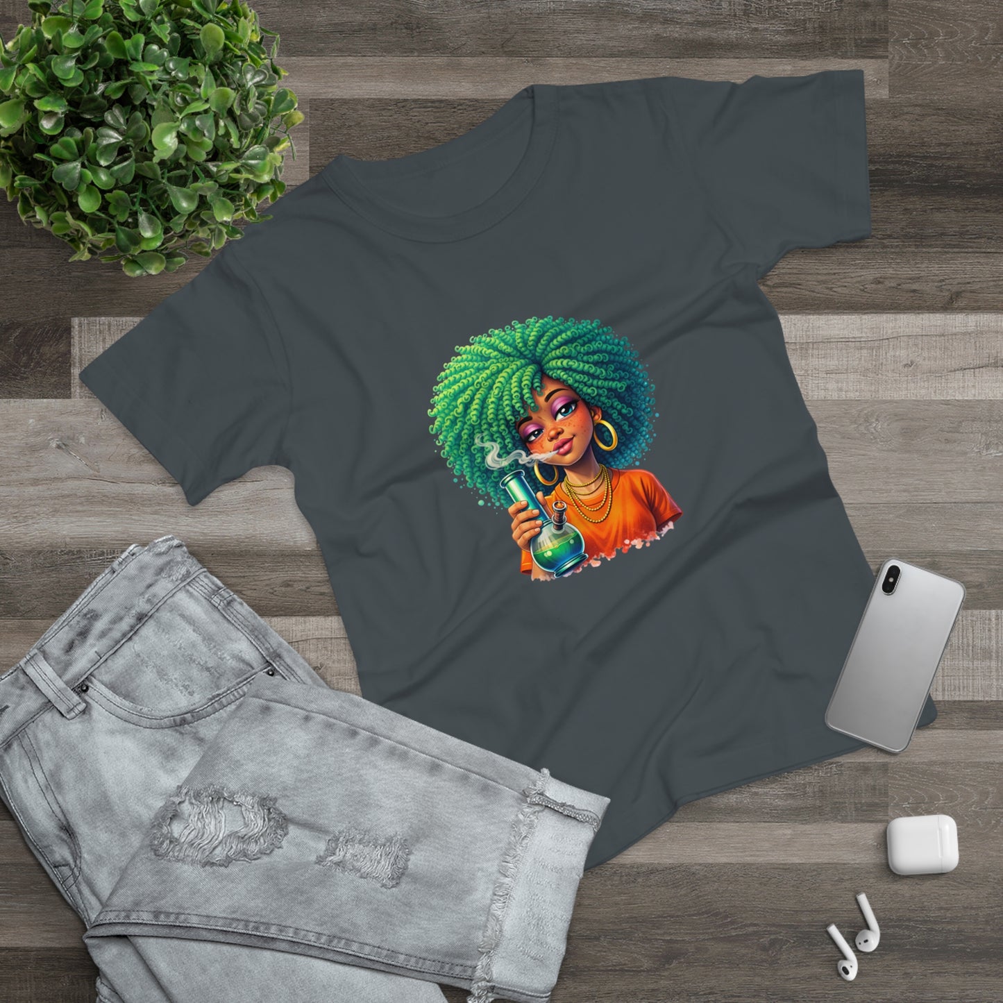 Afro Green Hair Scientist T‑Shirt — Cute Black Girl Chemist Graphic Tee