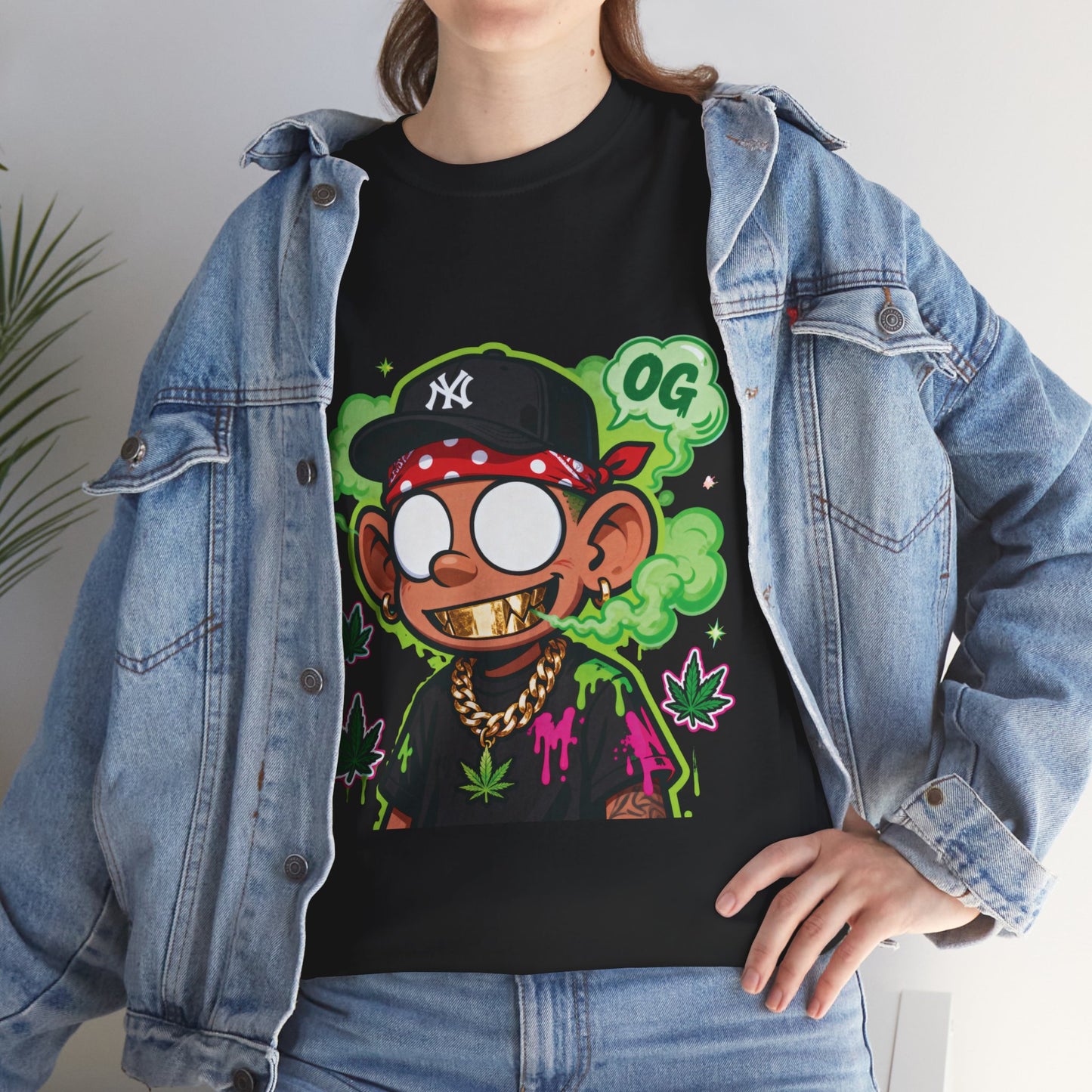 T-Shirt — OG Cartoon Stoner Graphic Tee (Green Smoke & Leaf Design)