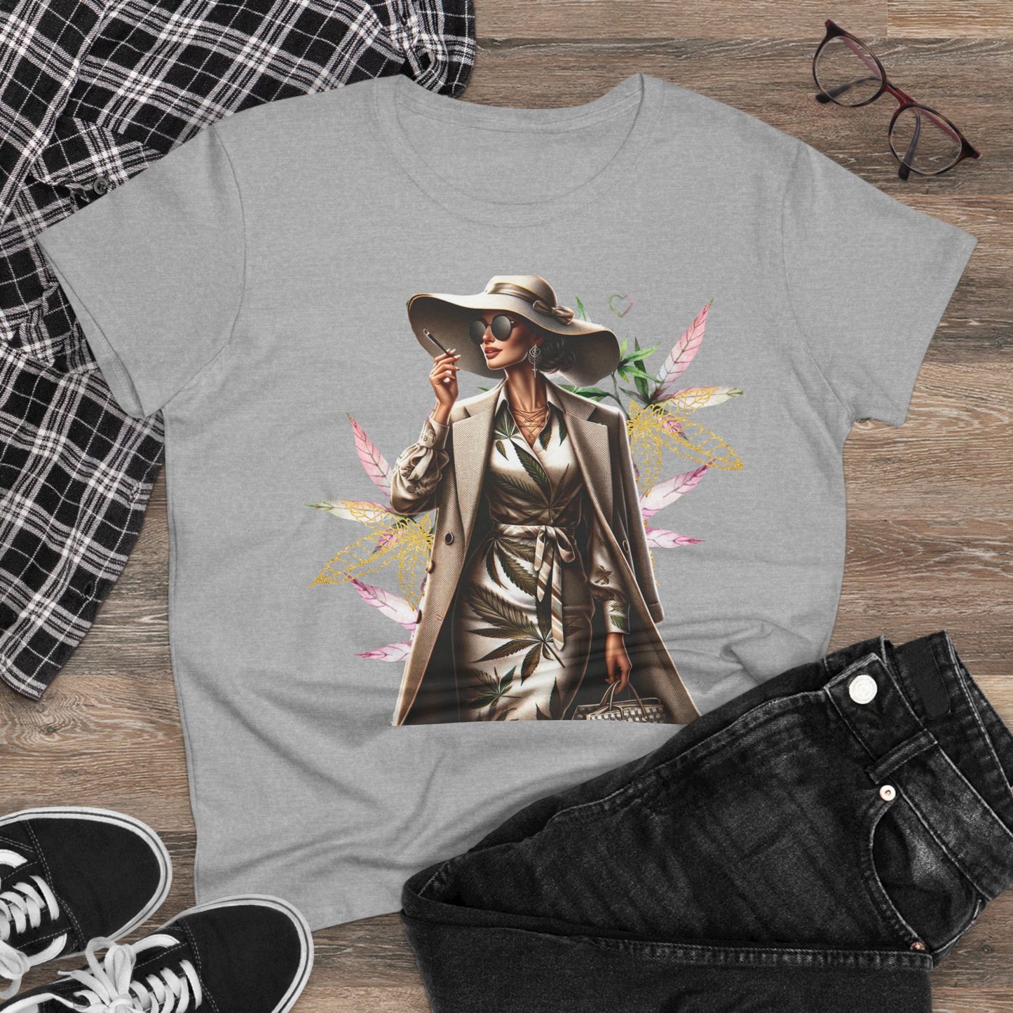 Chic Floral Fashion Tee — Stylish Woman in Trench & Sun Hat Graphic