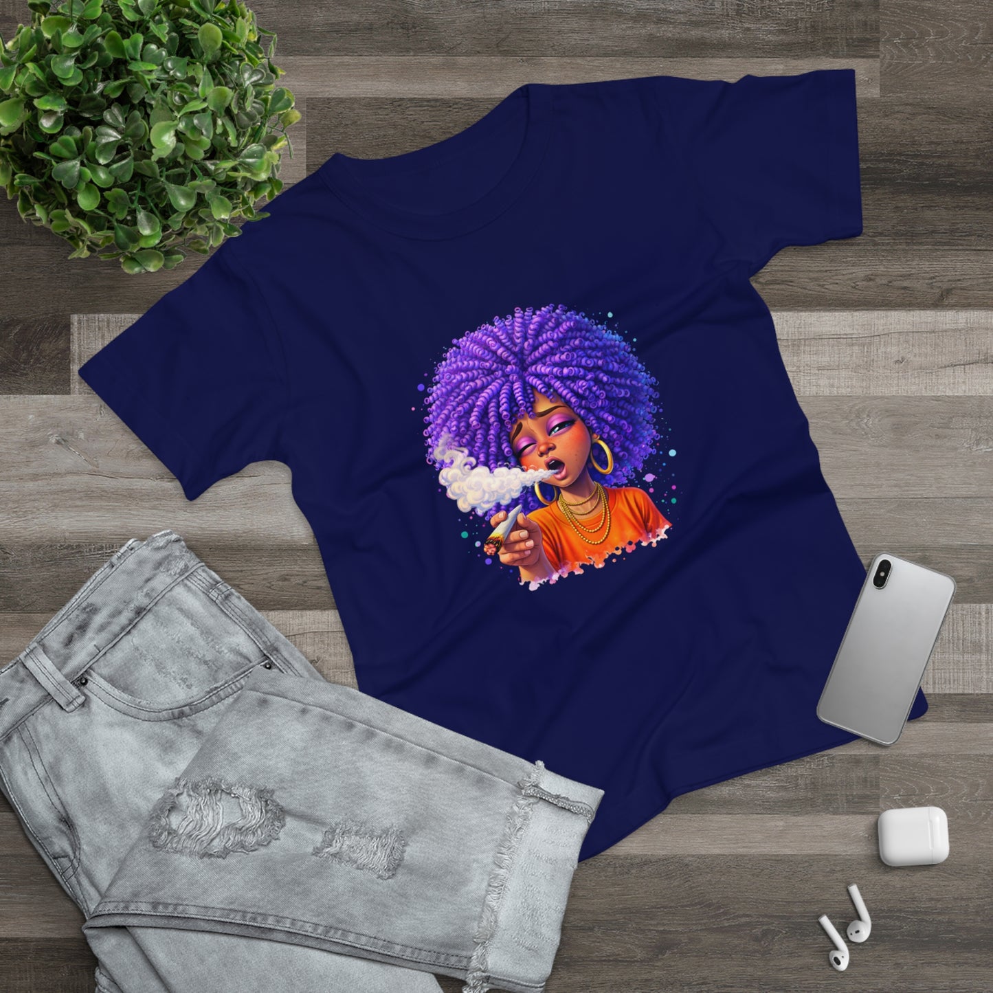 Women's T-Shirt — Purple Afro Girl Art Graphic Tee (Smoke Vibe)