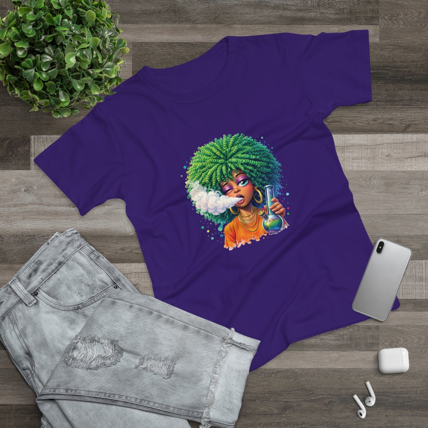Women’s Graphic T‑Shirt — Afro Puff Girl Vaping Art