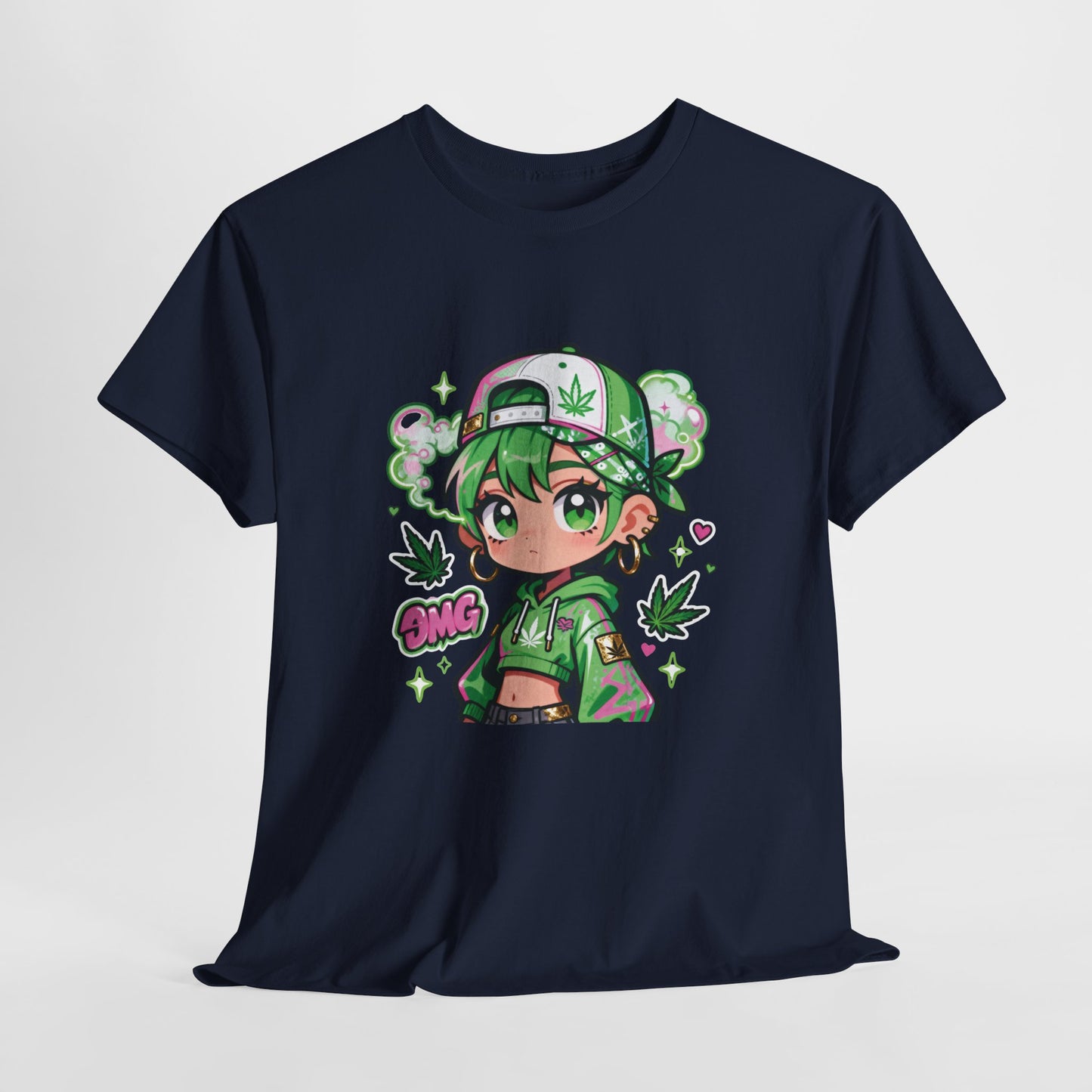 Green Anime Girl Tee — Cute Kawaii Character Shirt with Leaf Accent
