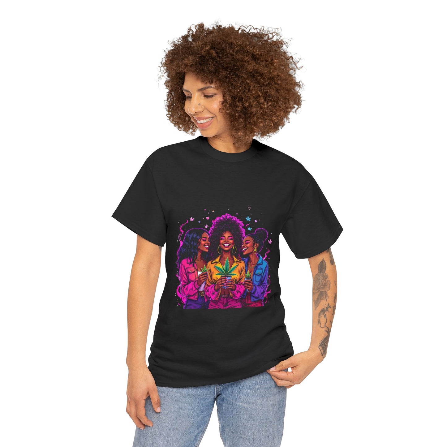 Black Tee — Vibrant Afro Women Holding 420 Leaf Graphic Shirt
