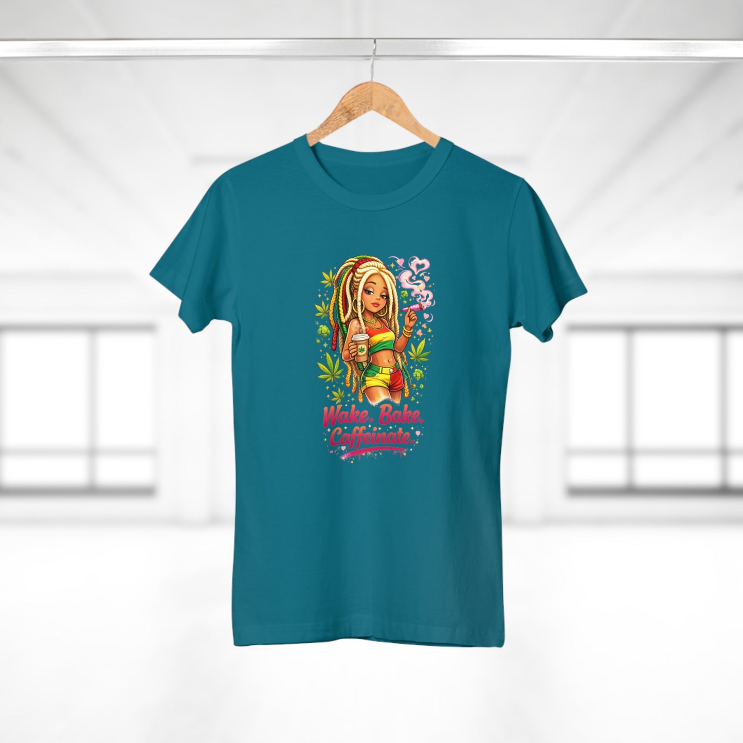 Wake, Bake, Caffeinate T-Shirt — Rasta Girl Coffee & Weed Graphic Tee