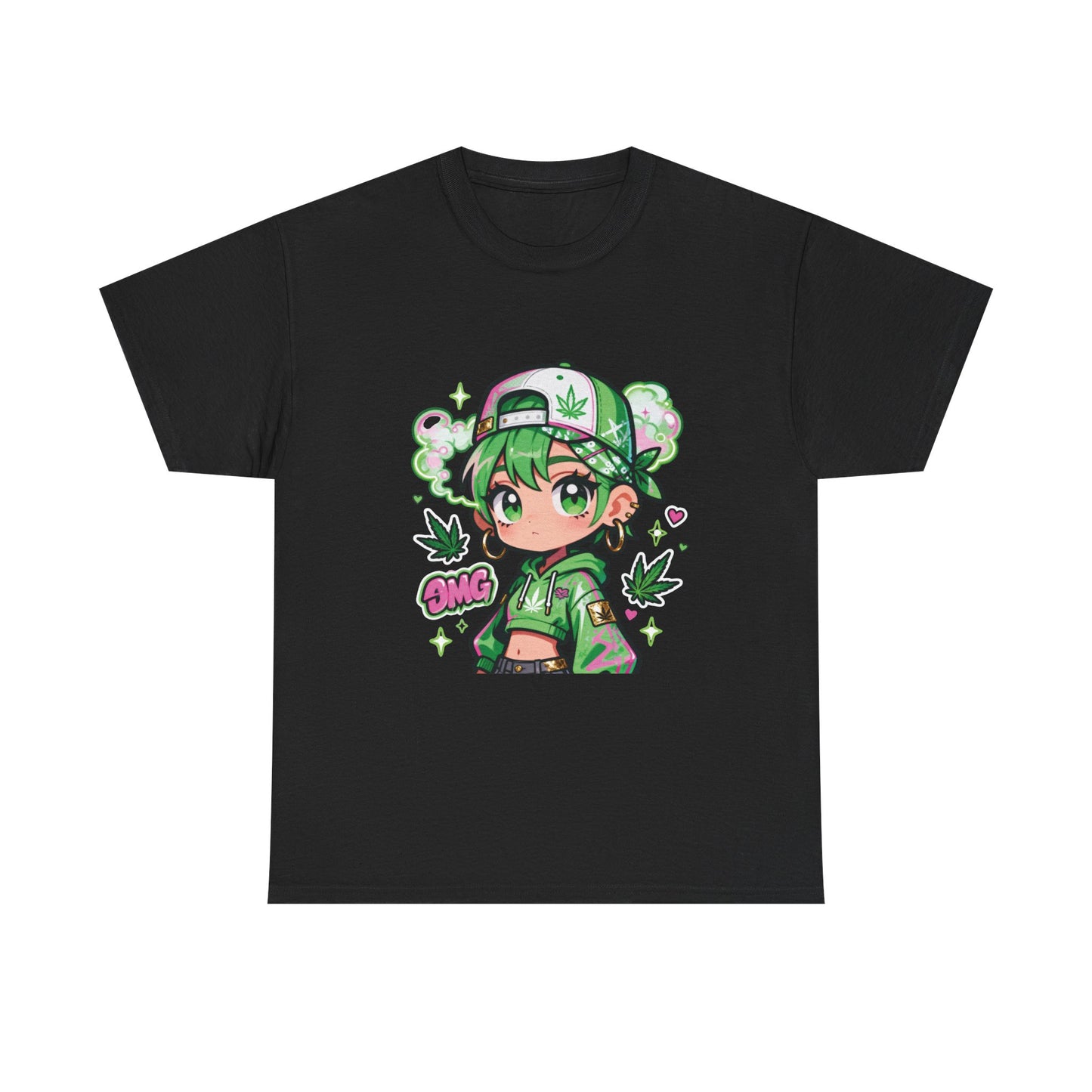 Green Anime Girl Tee — Cute Kawaii Character Shirt with Leaf Accent