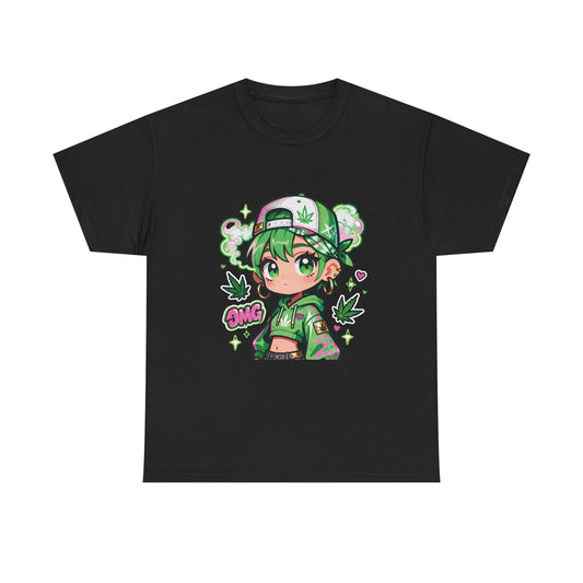 Green Anime Girl Tee — Cute Kawaii Character Shirt with Leaf Accent