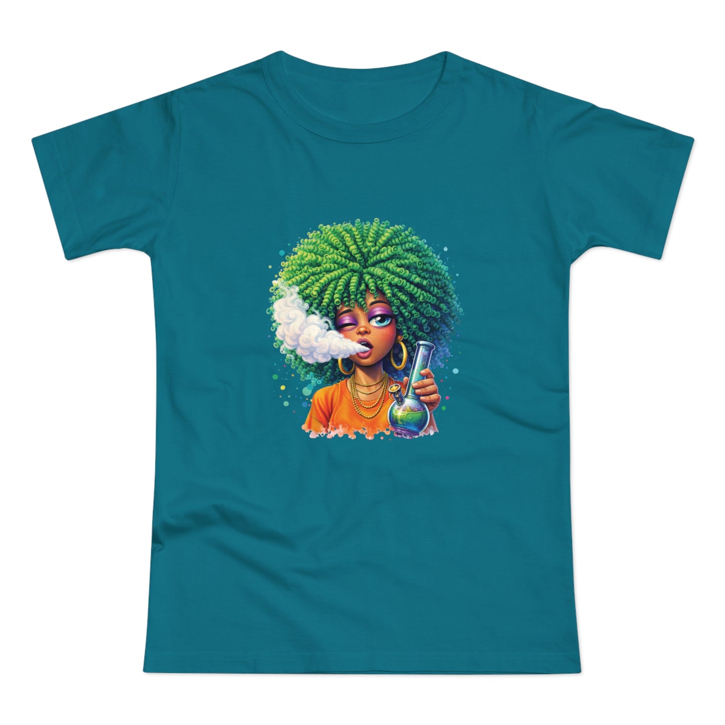Women’s Graphic T‑Shirt — Afro Puff Girl Vaping Art
