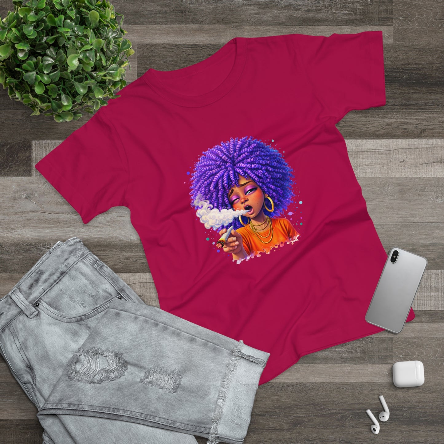 Women's T-Shirt — Purple Afro Girl Art Graphic Tee (Smoke Vibe)