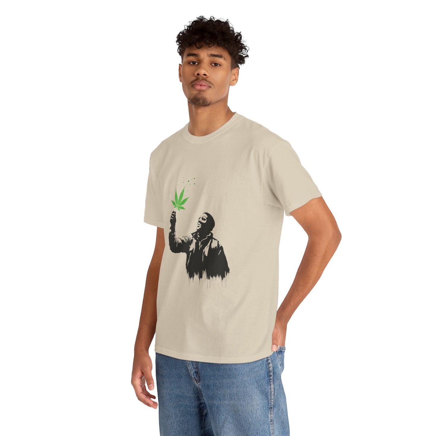 Weed Leaf Stencil Tee — Man Holding Green 420 Graphic T-Shirt