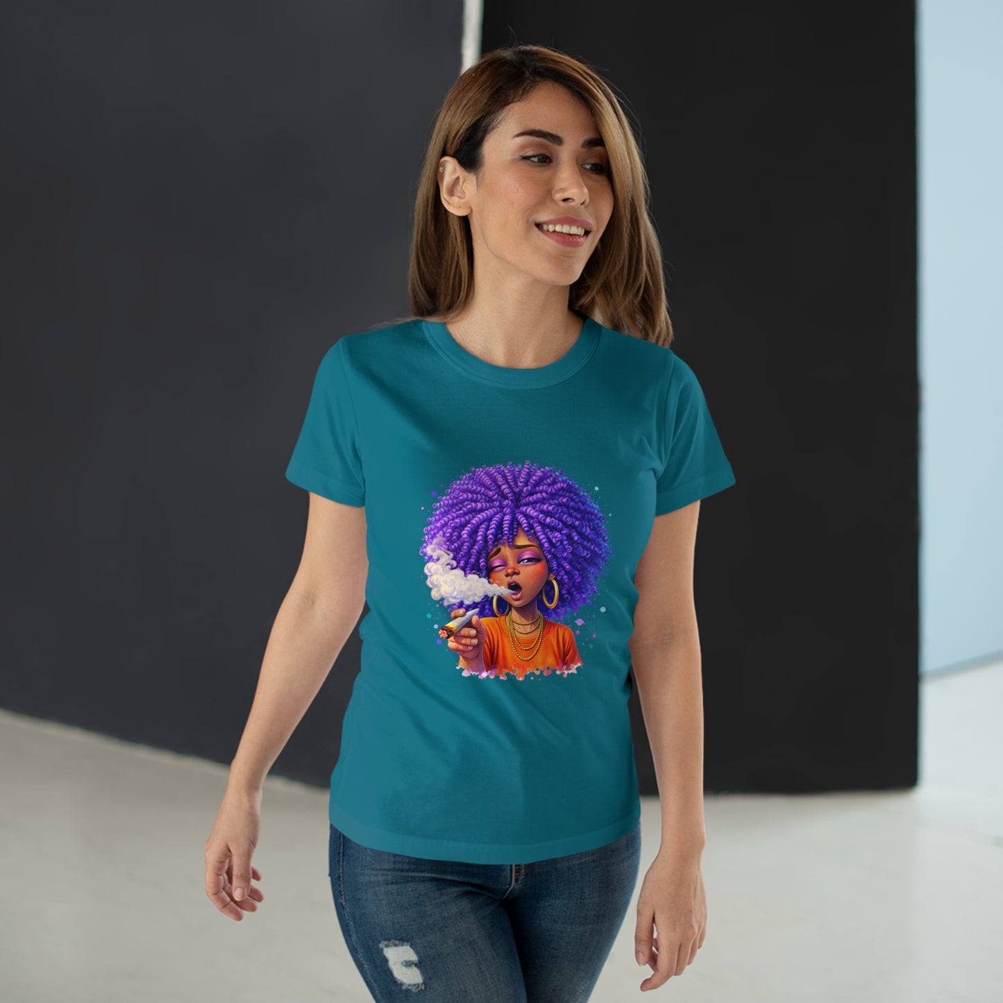 Women's T-Shirt — Purple Afro Girl Art Graphic Tee (Smoke Vibe)