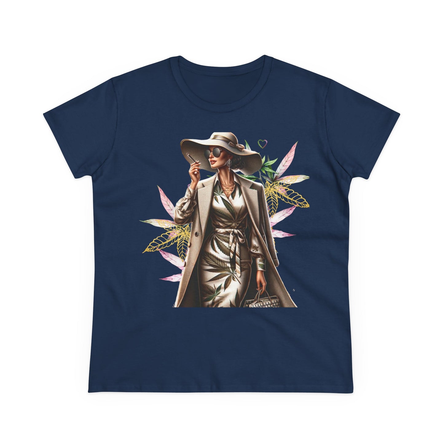 Chic Floral Fashion Tee — Stylish Woman in Trench & Sun Hat Graphic