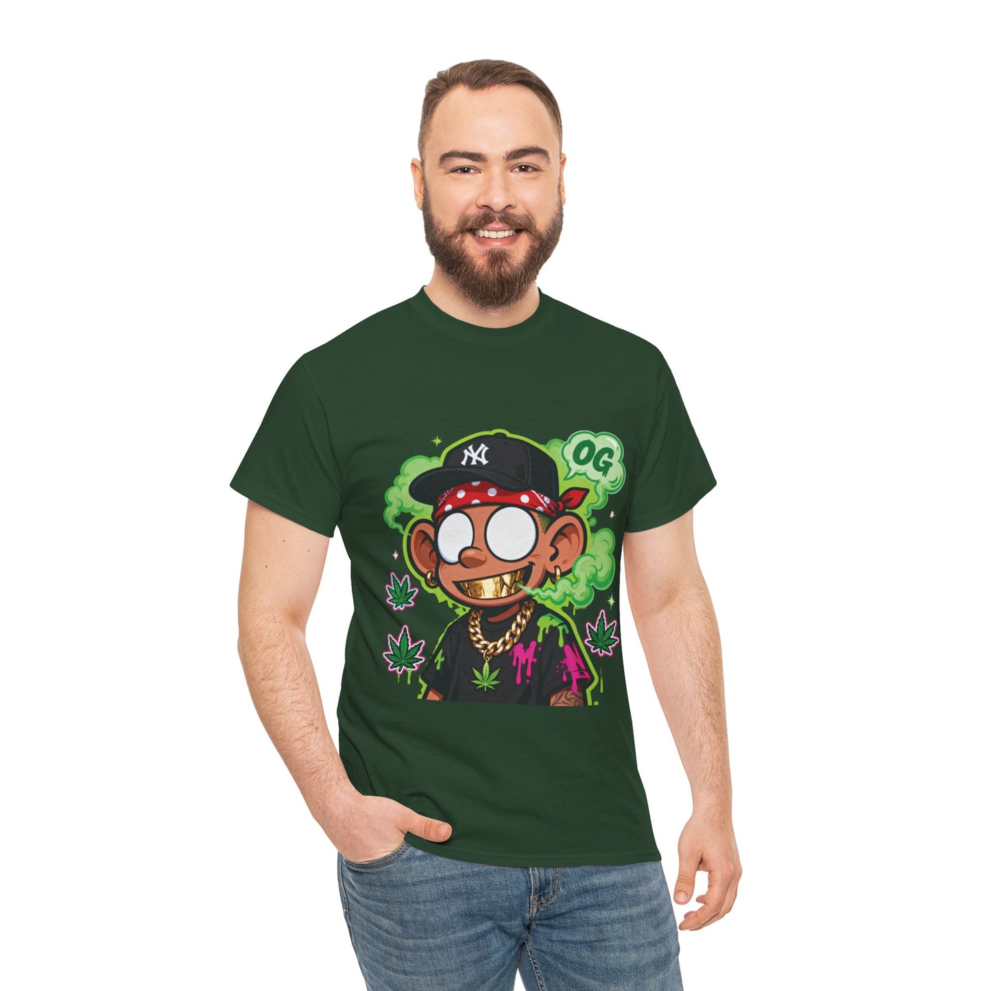 T-Shirt — OG Cartoon Stoner Graphic Tee (Green Smoke & Leaf Design)