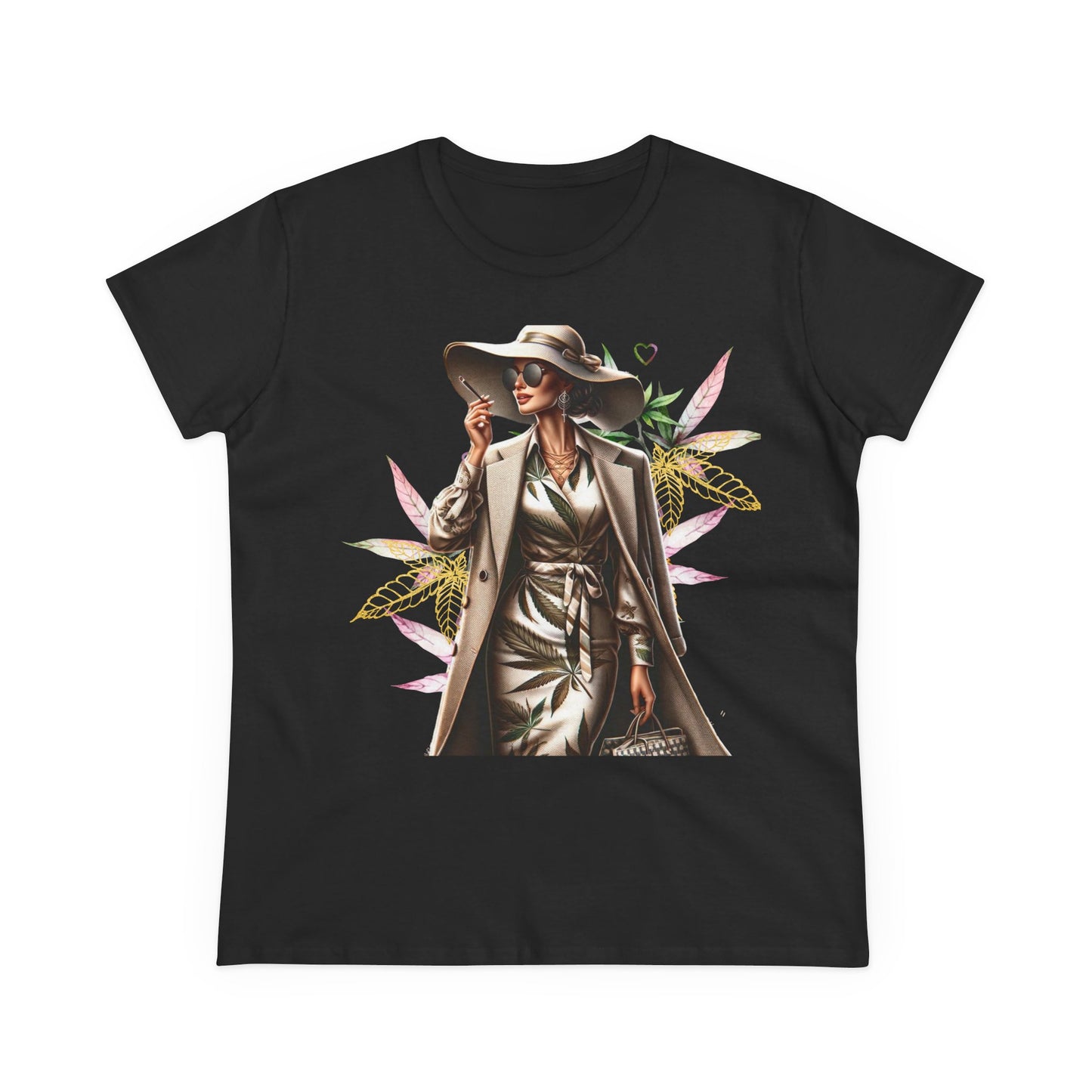 Chic Floral Fashion Tee — Stylish Woman in Trench & Sun Hat Graphic