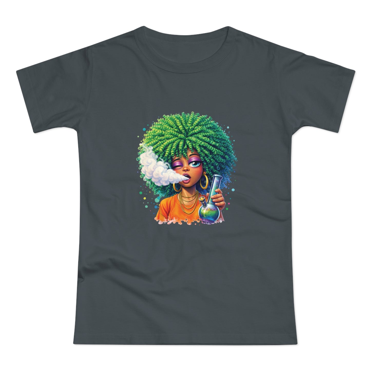 Women’s Graphic T‑Shirt — Afro Puff Girl Vaping Art