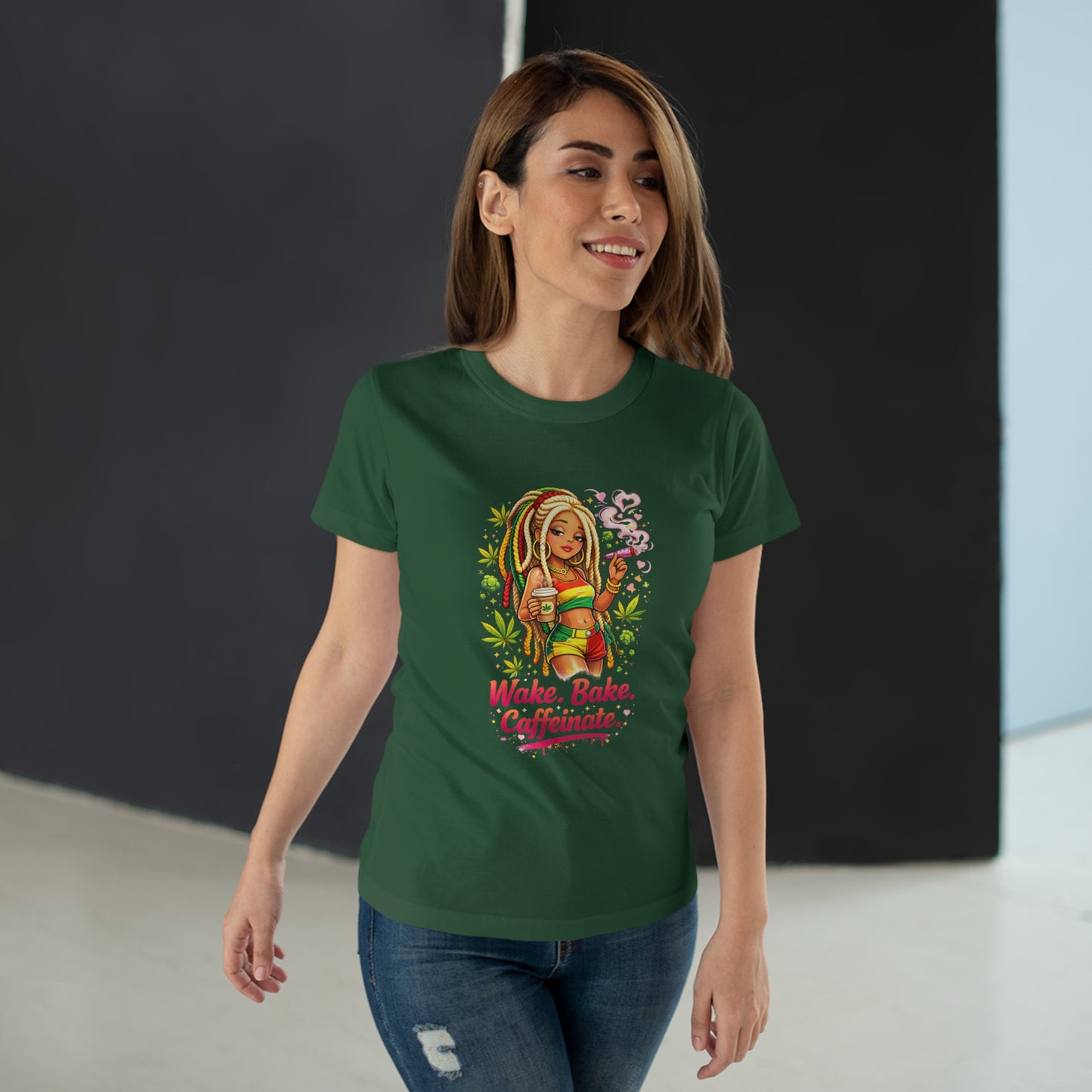 Wake, Bake, Caffeinate T-Shirt — Rasta Girl Coffee & Weed Graphic Tee