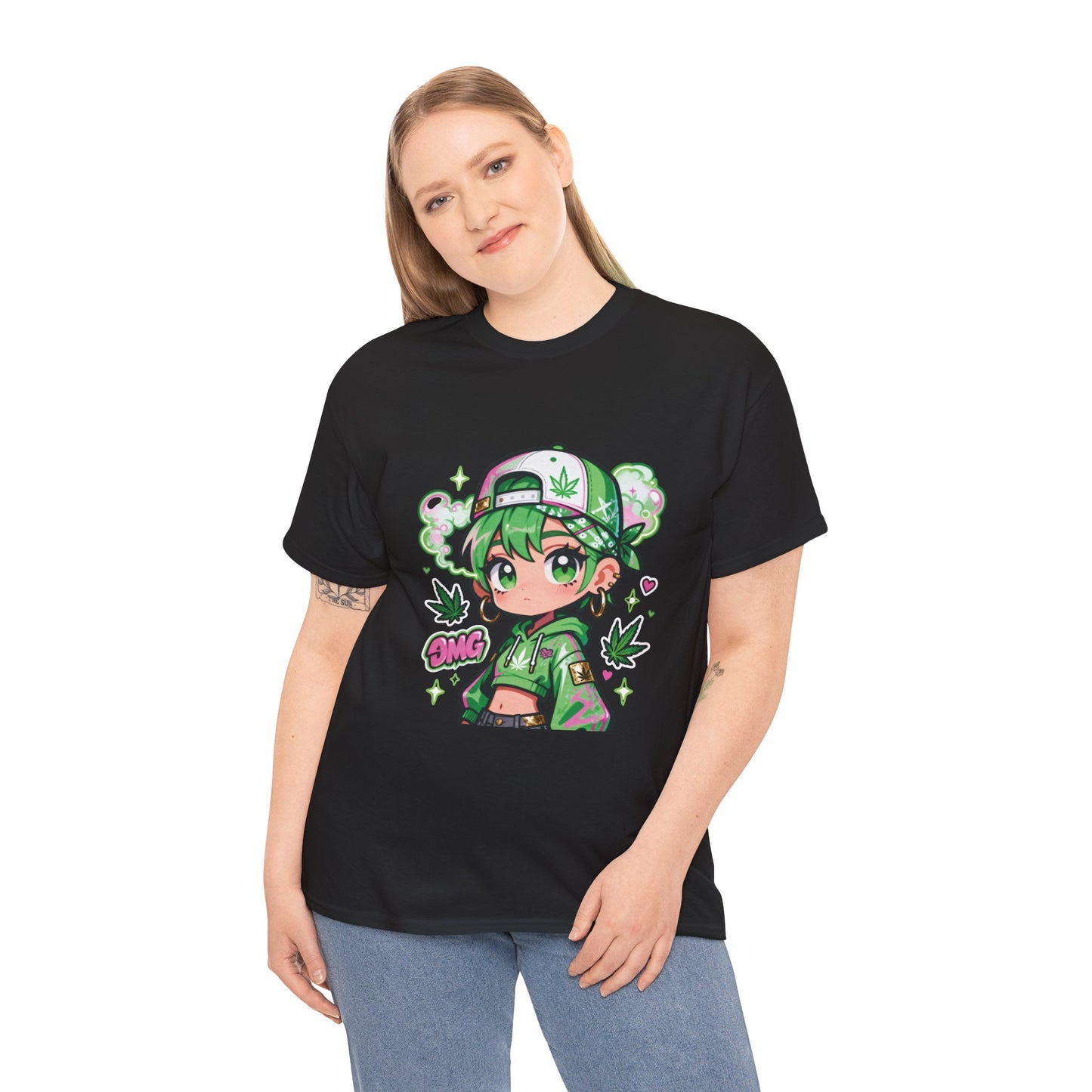 Green Anime Girl Tee — Cute Kawaii Character Shirt with Leaf Accent