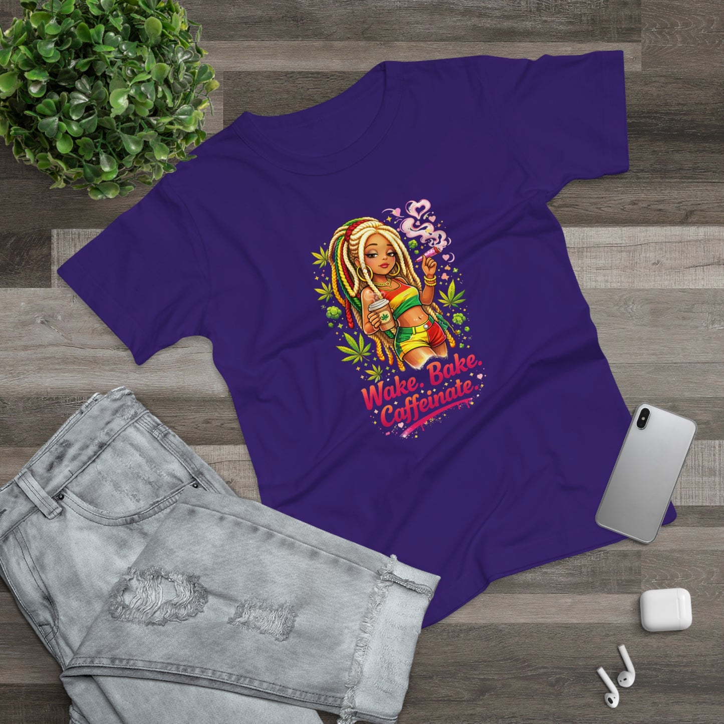 Wake, Bake, Caffeinate T-Shirt — Rasta Girl Coffee & Weed Graphic Tee