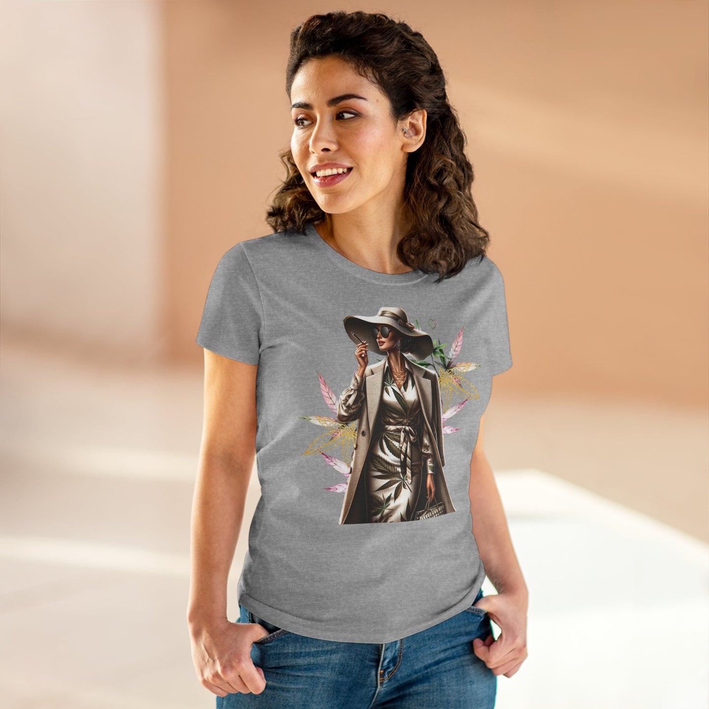Chic Floral Fashion Tee — Stylish Woman in Trench & Sun Hat Graphic