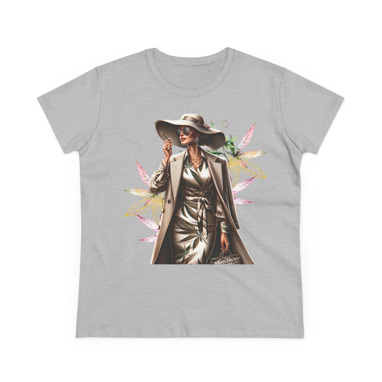 Chic Floral Fashion Tee — Stylish Woman in Trench & Sun Hat Graphic