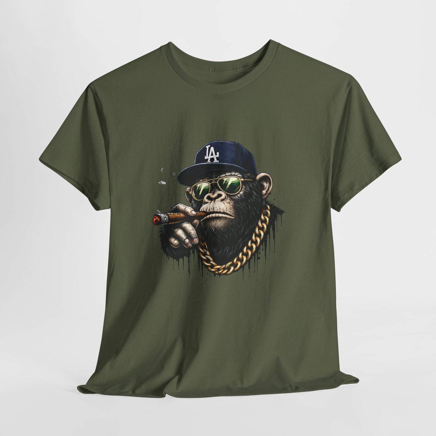 Cigar-Chomping Hip Hop Monkey T-Shirt — LA Cap & Gold Chain Streetwear