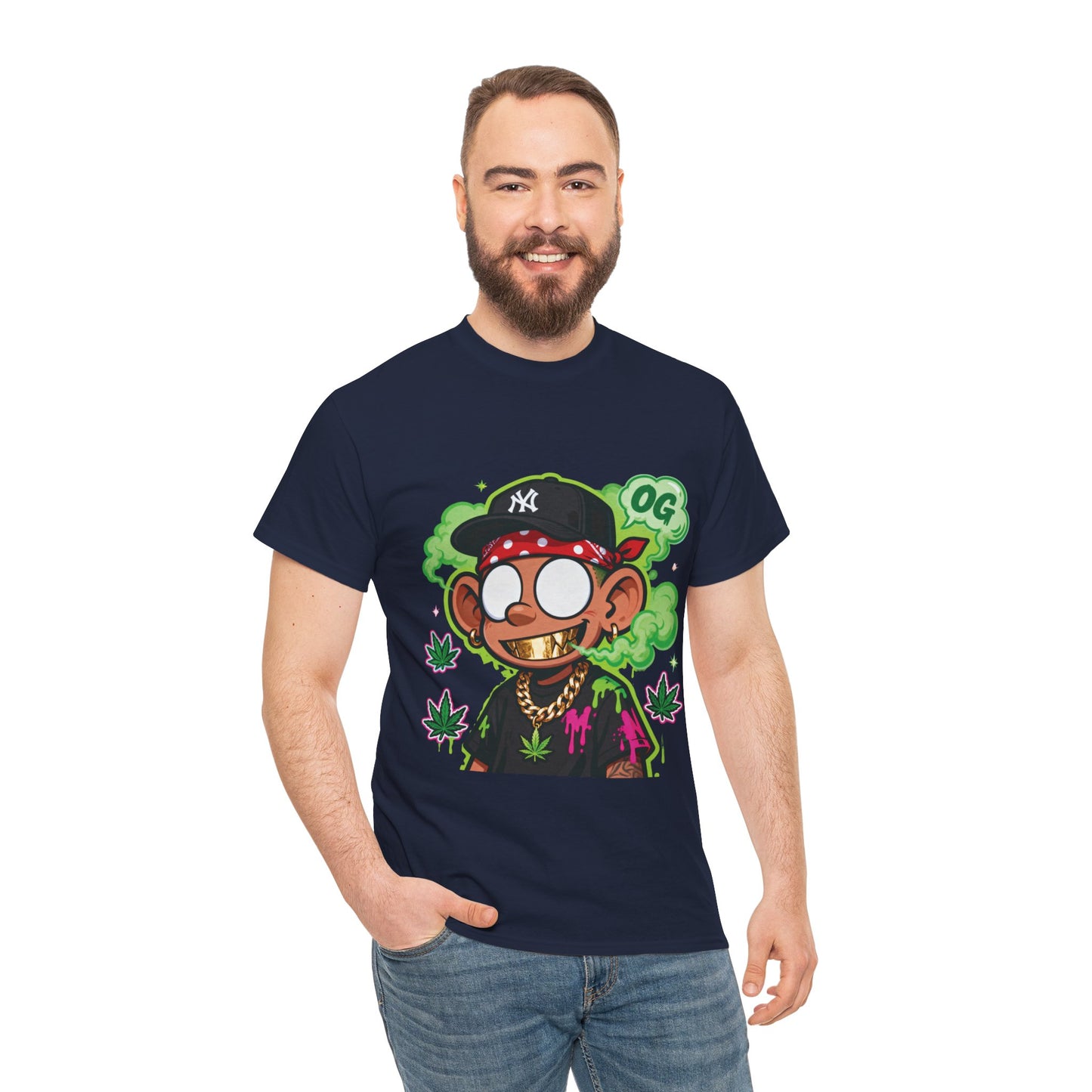 T-Shirt — OG Cartoon Stoner Graphic Tee (Green Smoke & Leaf Design)