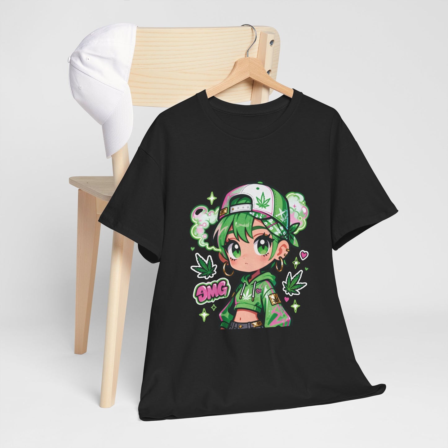 Green Anime Girl Tee — Cute Kawaii Character Shirt with Leaf Accent