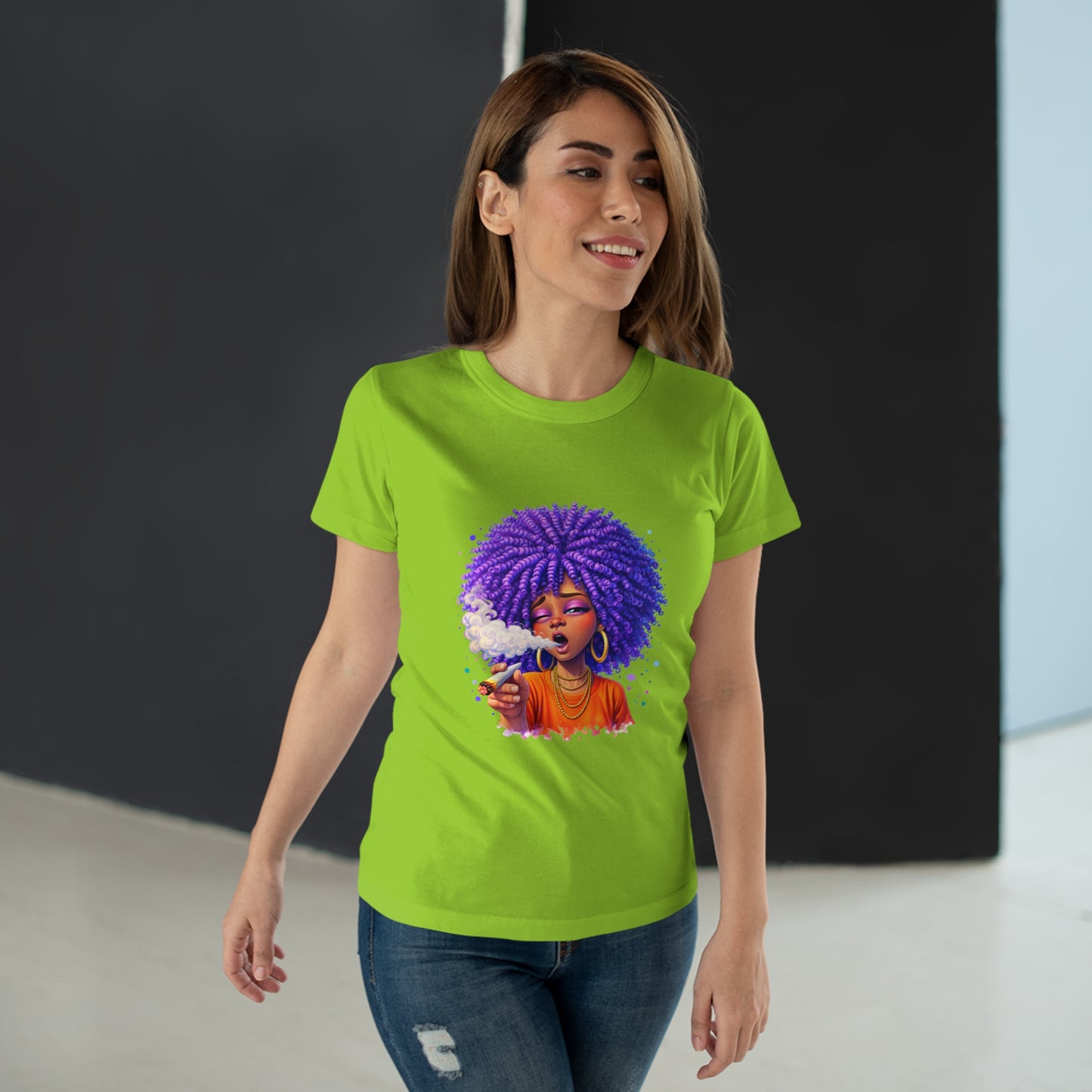 Women's T-Shirt — Purple Afro Girl Art Graphic Tee (Smoke Vibe)
