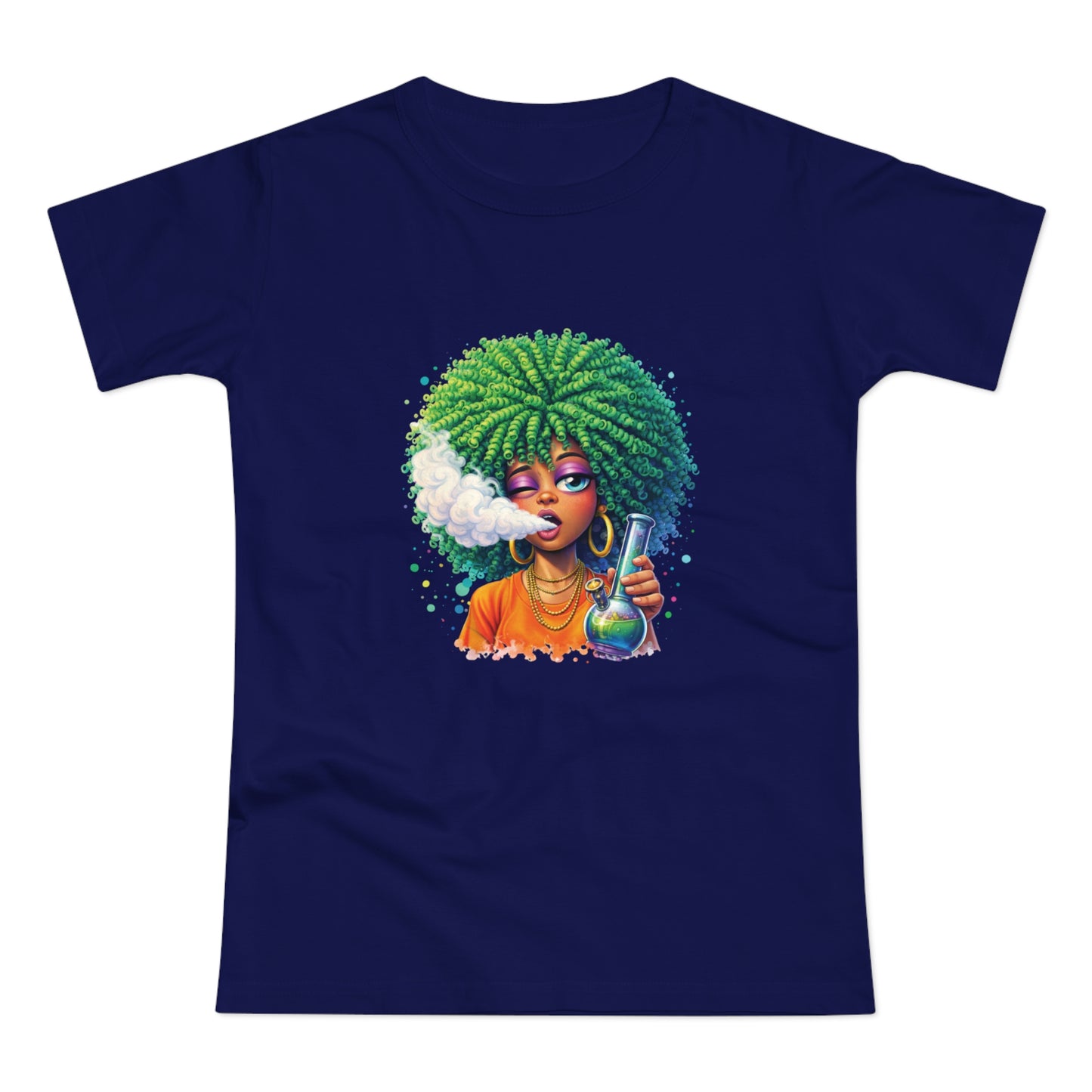 Women’s Graphic T‑Shirt — Afro Puff Girl Vaping Art