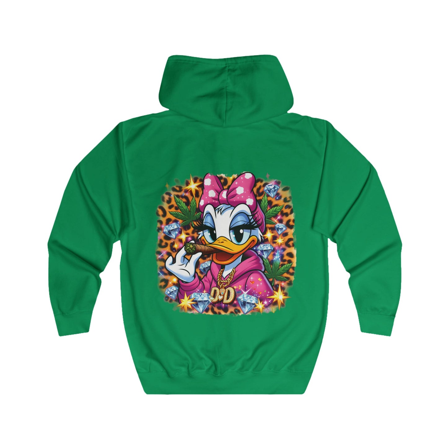Daisy Duck Pink Leaf Zip Hoodie — Retro Cartoon Graphic Full-Zip Jacket