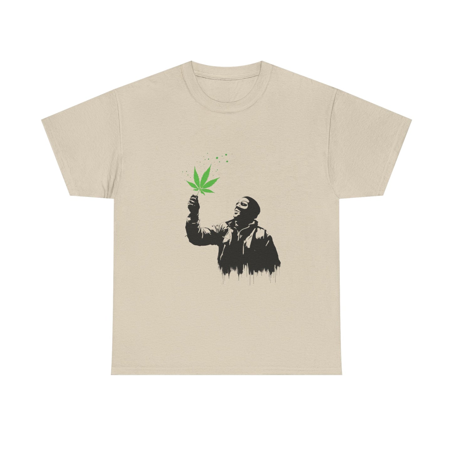 Weed Leaf Stencil Tee — Man Holding Green 420 Graphic T-Shirt
