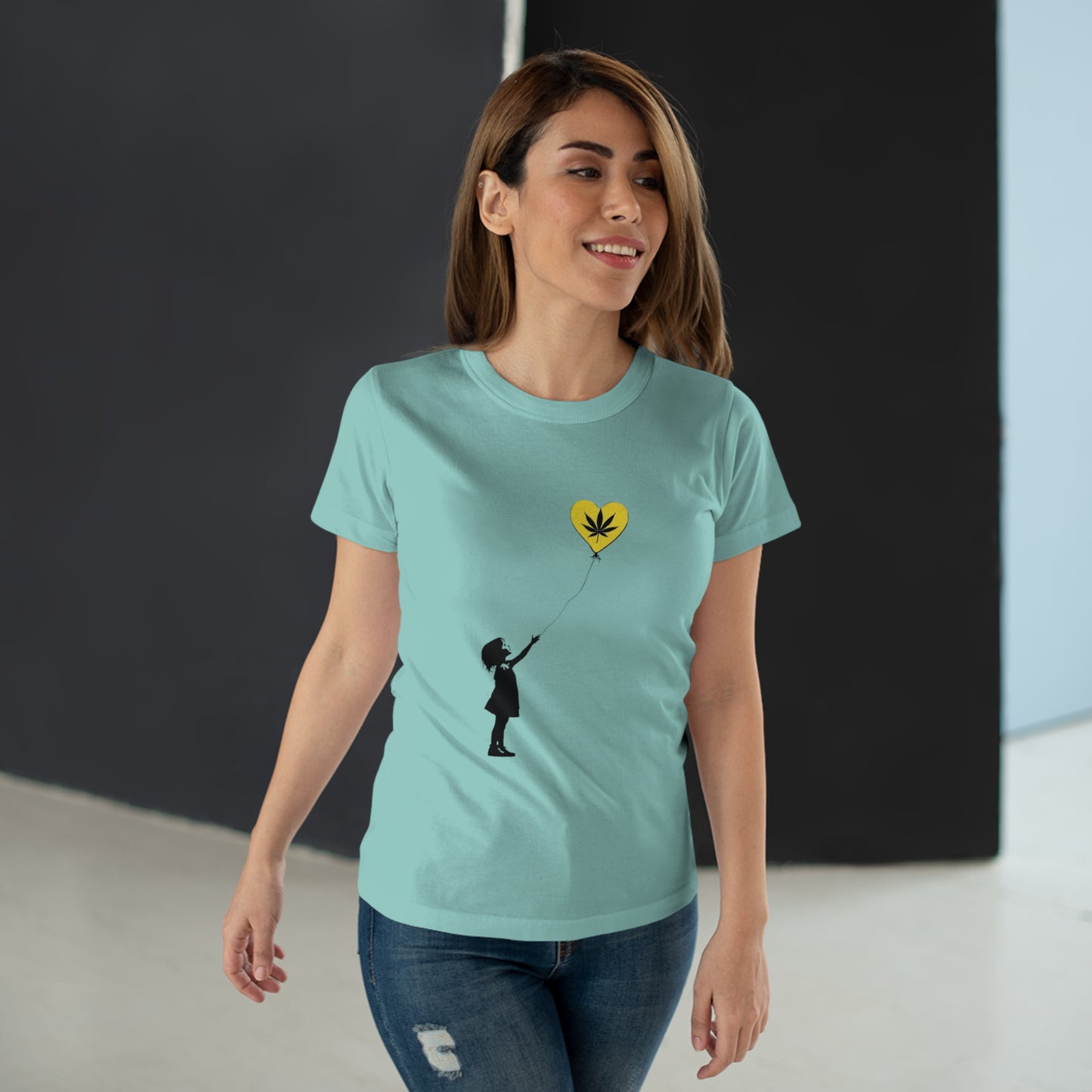 Women’s T-Shirt — Girl with Heart Balloon Weed Leaf Graphic