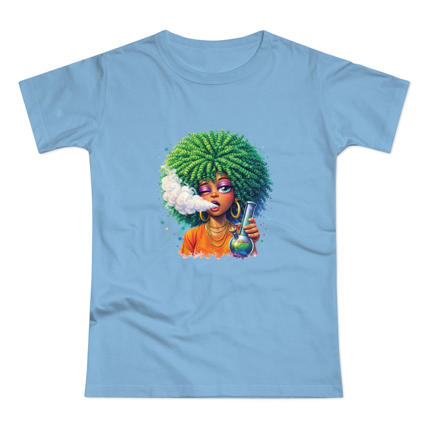 Women’s Graphic T‑Shirt — Afro Puff Girl Vaping Art