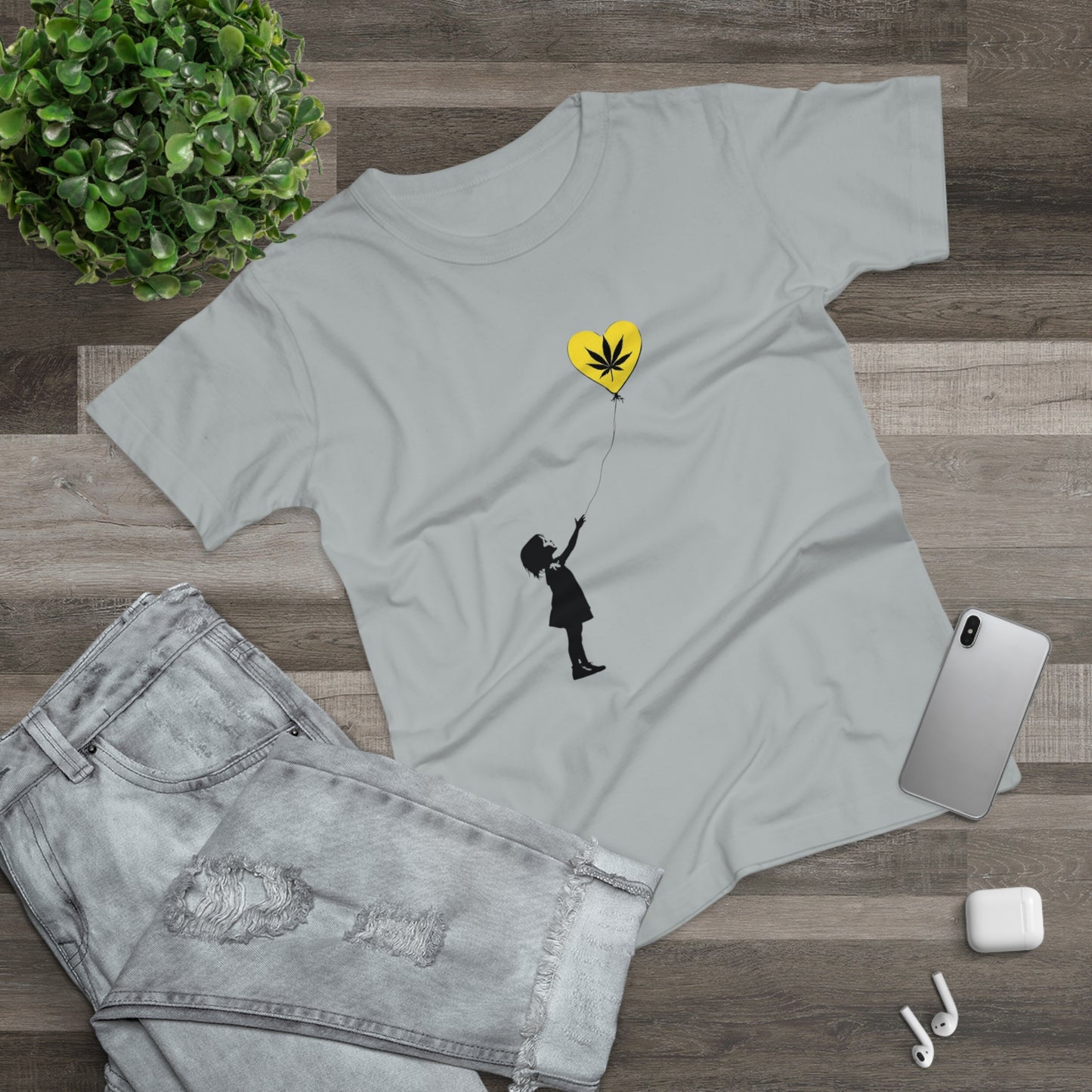 Women’s T-Shirt — Girl with Heart Balloon Weed Leaf Graphic